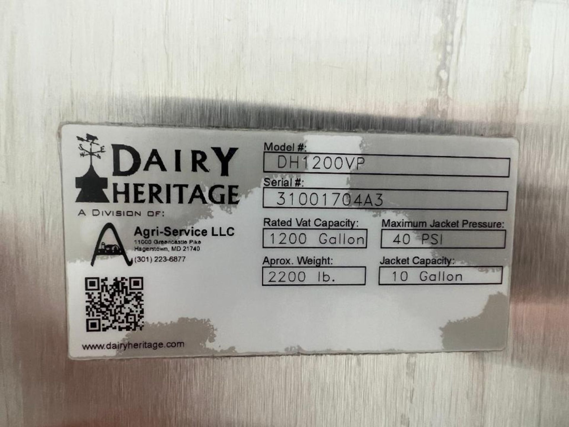 Dairy Heritage 1,200 Gallon Jacketed S/S Vat Pasteurizer, Model: DH1200VP, S/N: 31001704A3 - Image 3 of 4