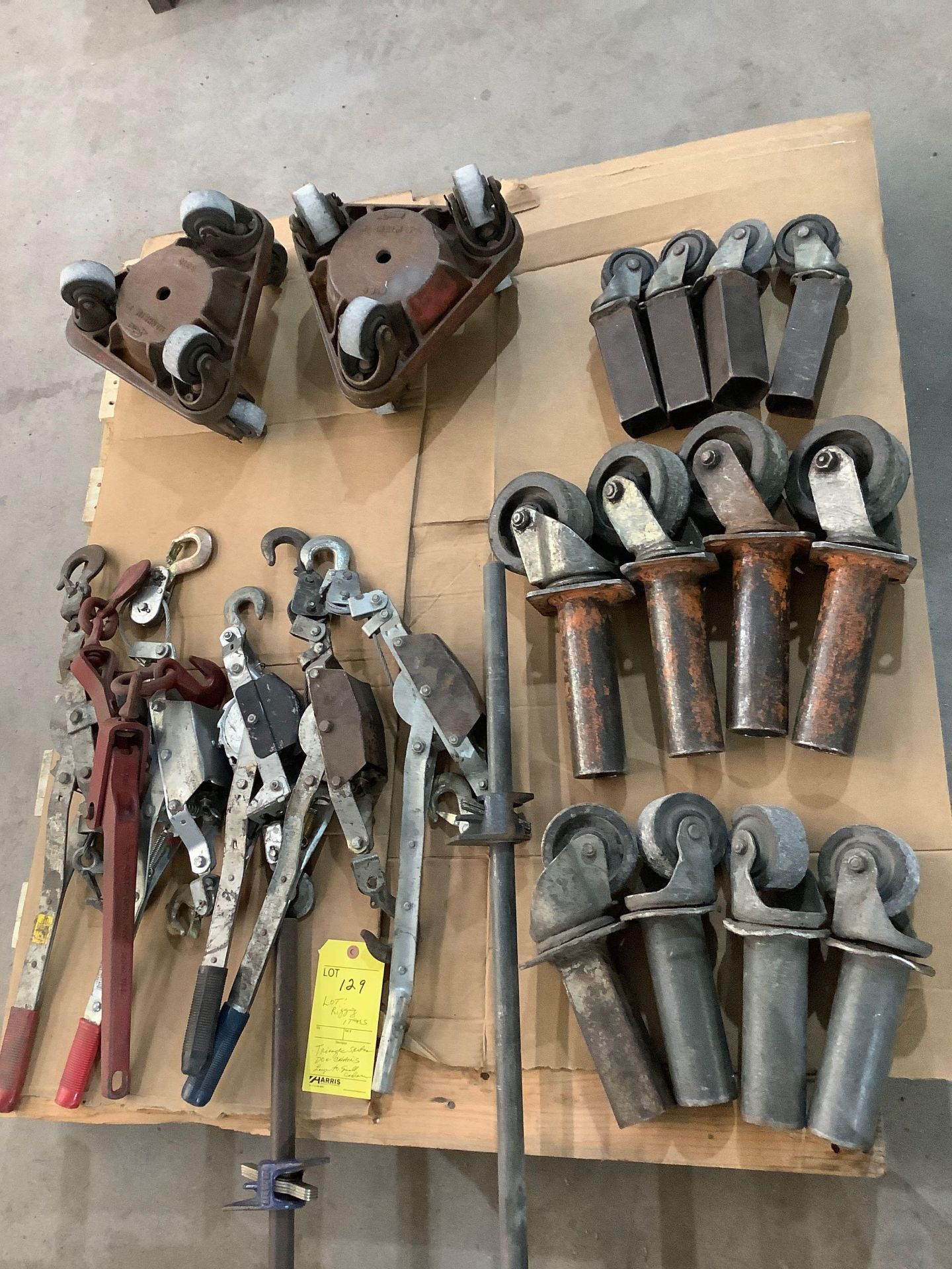 Lot: Rigging Items: Triangle Skates, Dog Chains, Large to Small Casters. See Photo