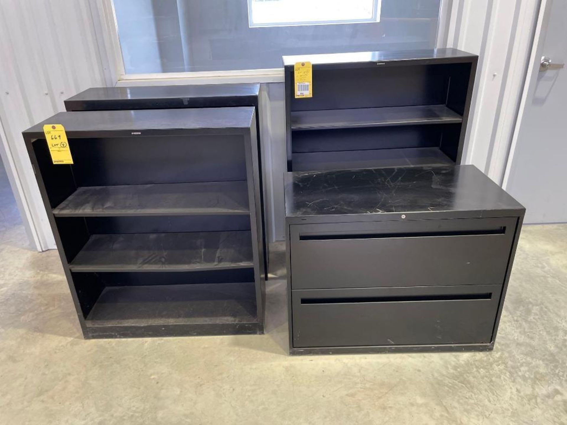 Lot: (4) Cabinets: (3) Open Face Shelves, (1) 2-Drawer File Cabinet