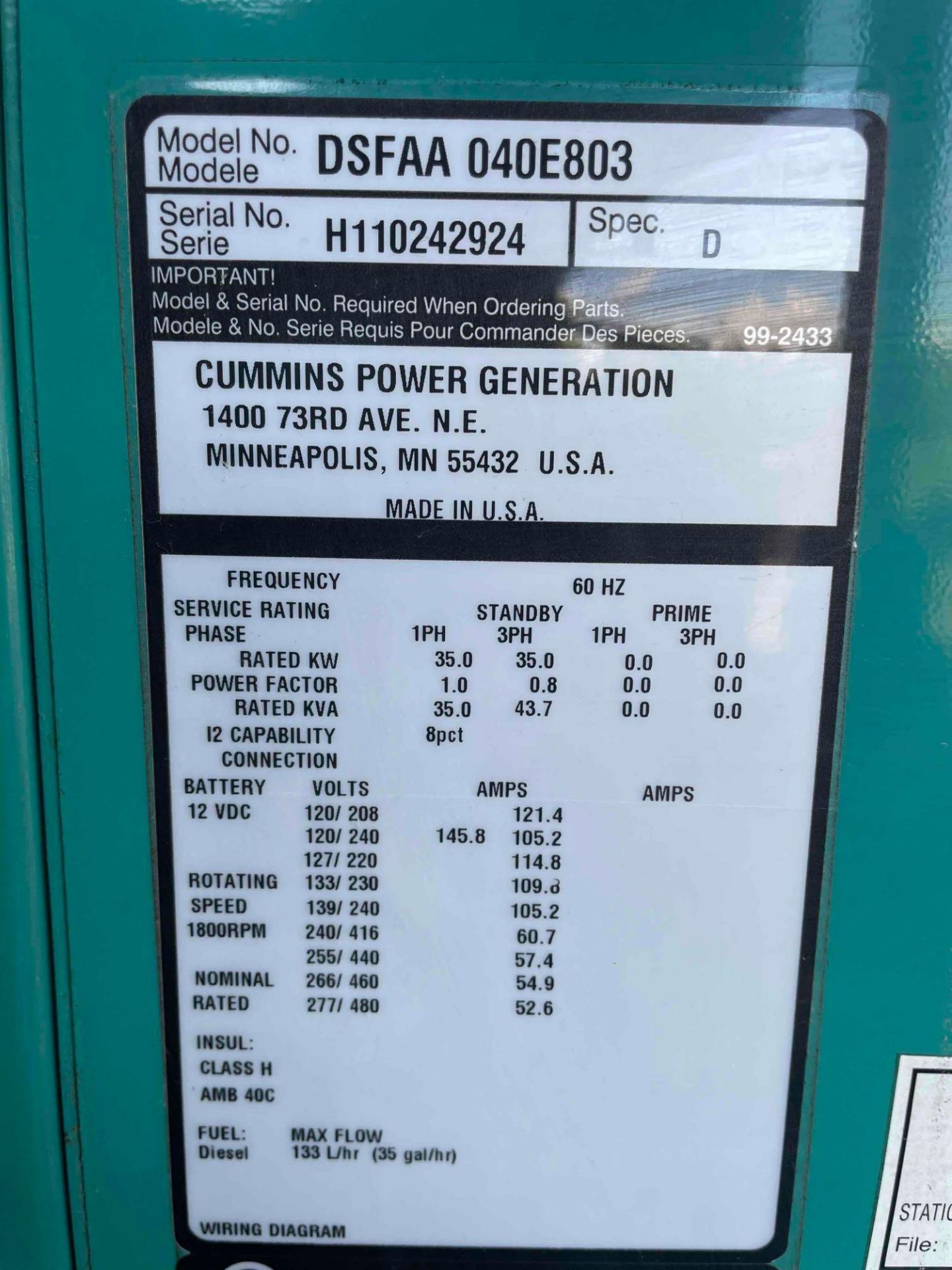 Cummins Power Generator, Model DSFAA 040E803, NEW 2011 - Image 15 of 22