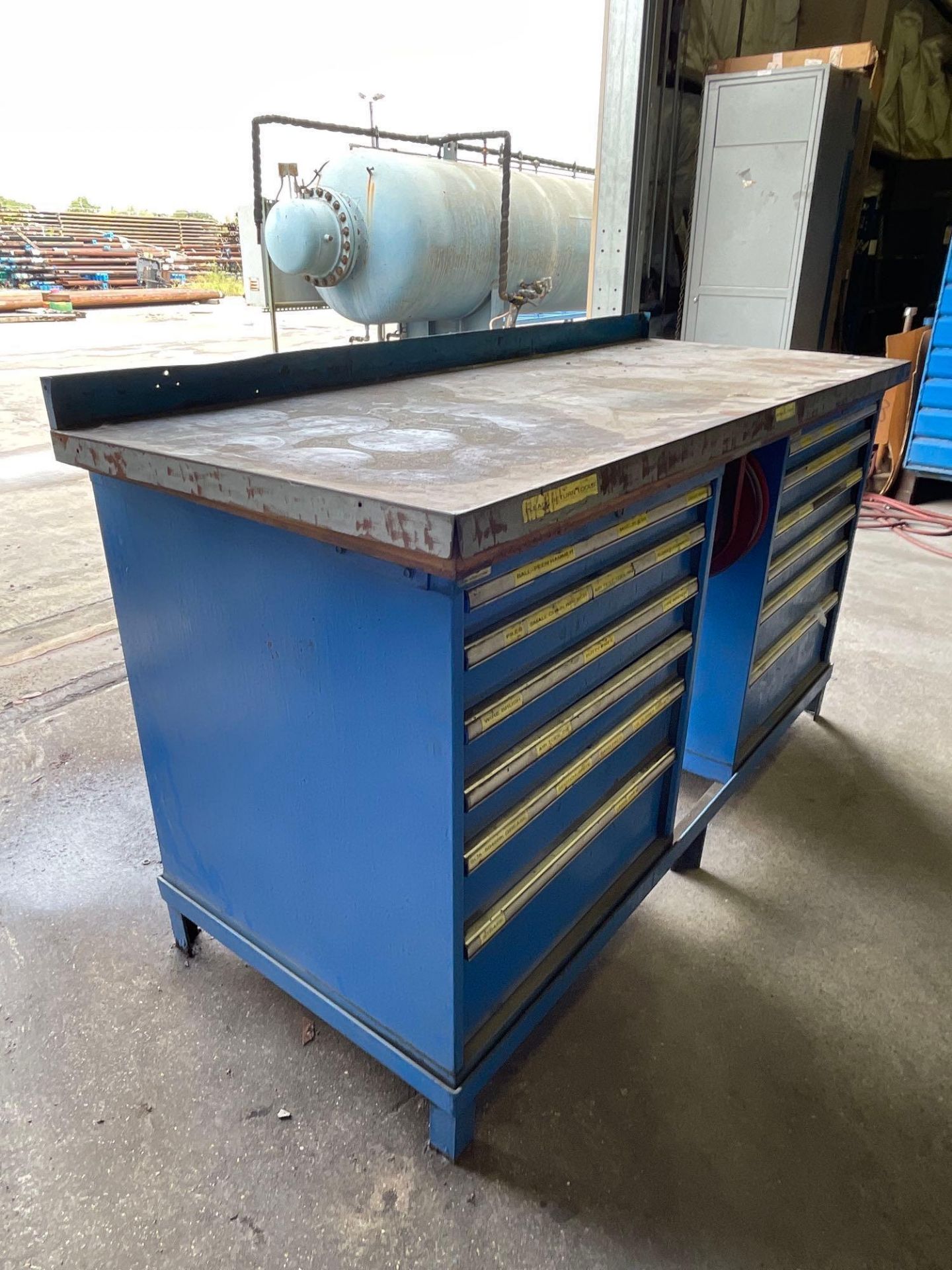 12 Drawer Work Table with Air Hose Reel on Base, with miscellaneous hand tools, taps, drill bits, Al - Image 32 of 32