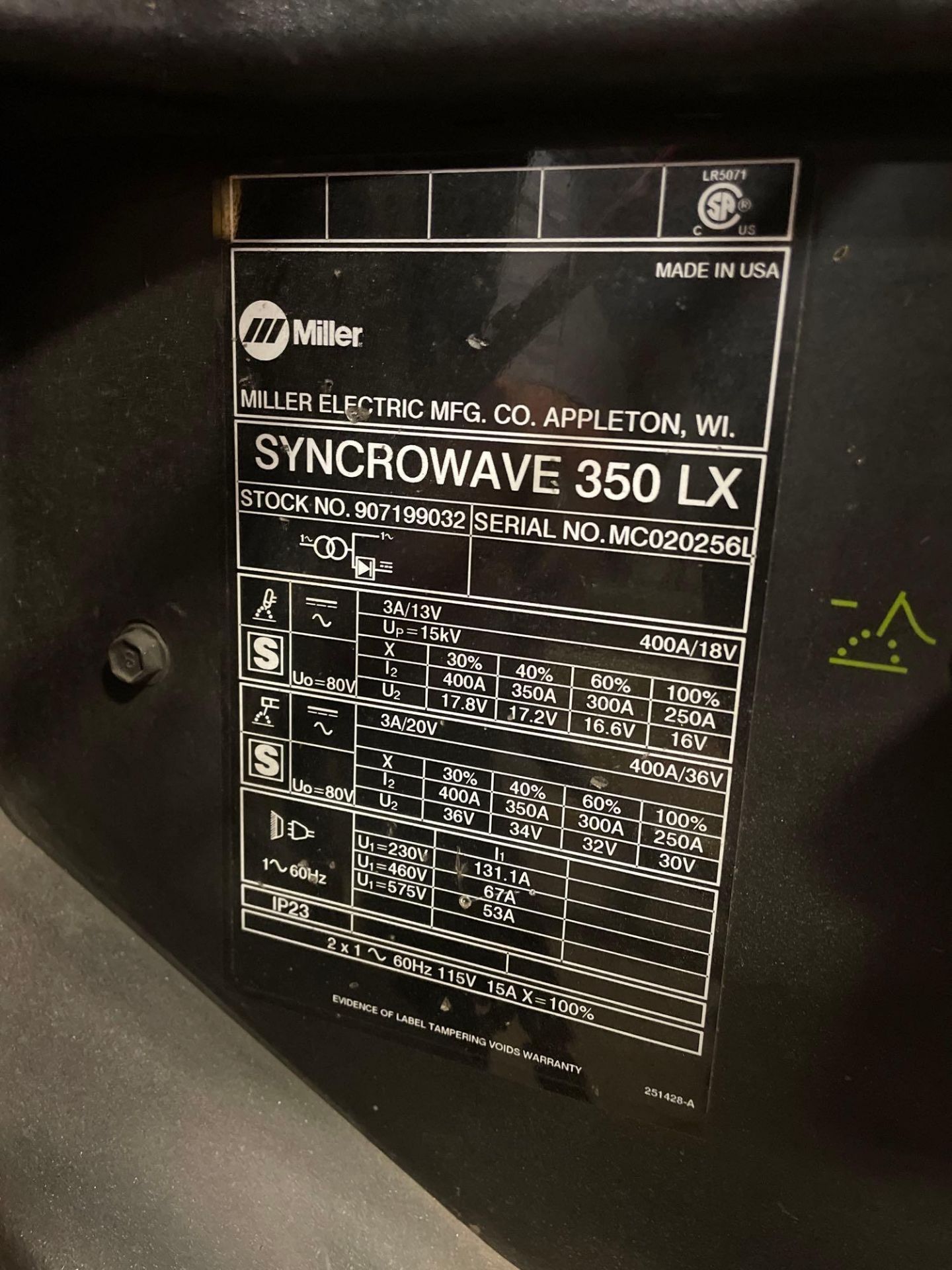 Miller Syncrowave 350 LX Welder, with Miller Coolmate 1.3, and Miller Coolmate 4 - Image 2 of 15