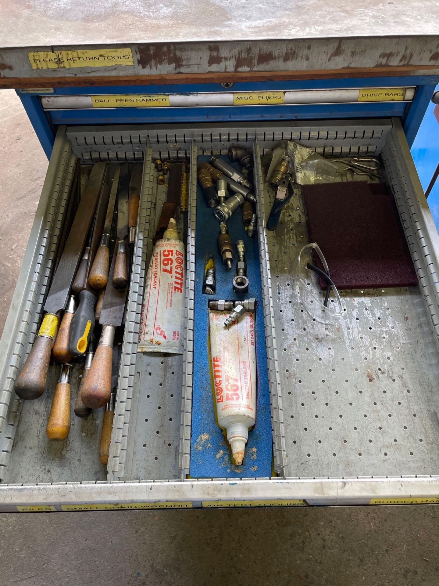 12 Drawer Work Table with Air Hose Reel on Base, with miscellaneous hand tools, taps, drill bits, Al - Image 7 of 32