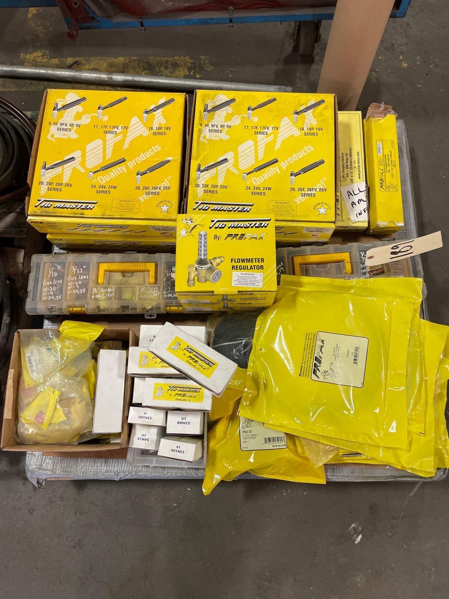 Pallet of New ProFax Equipment, Flowmaster Tips, Liner Wire, Tig Master Ceramic Nozzles