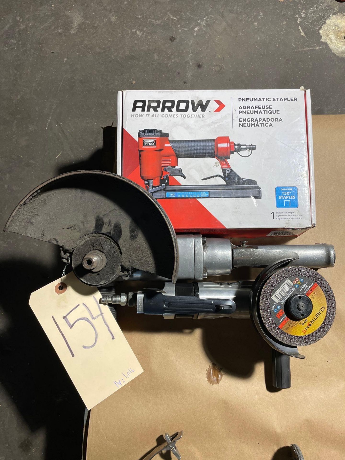 Lot of 3: (1) Arrow Pneumatic Stapler (1) Jet 7" Angle Grinder, (1) Taylor Pneumatic 4-5" Air Angle