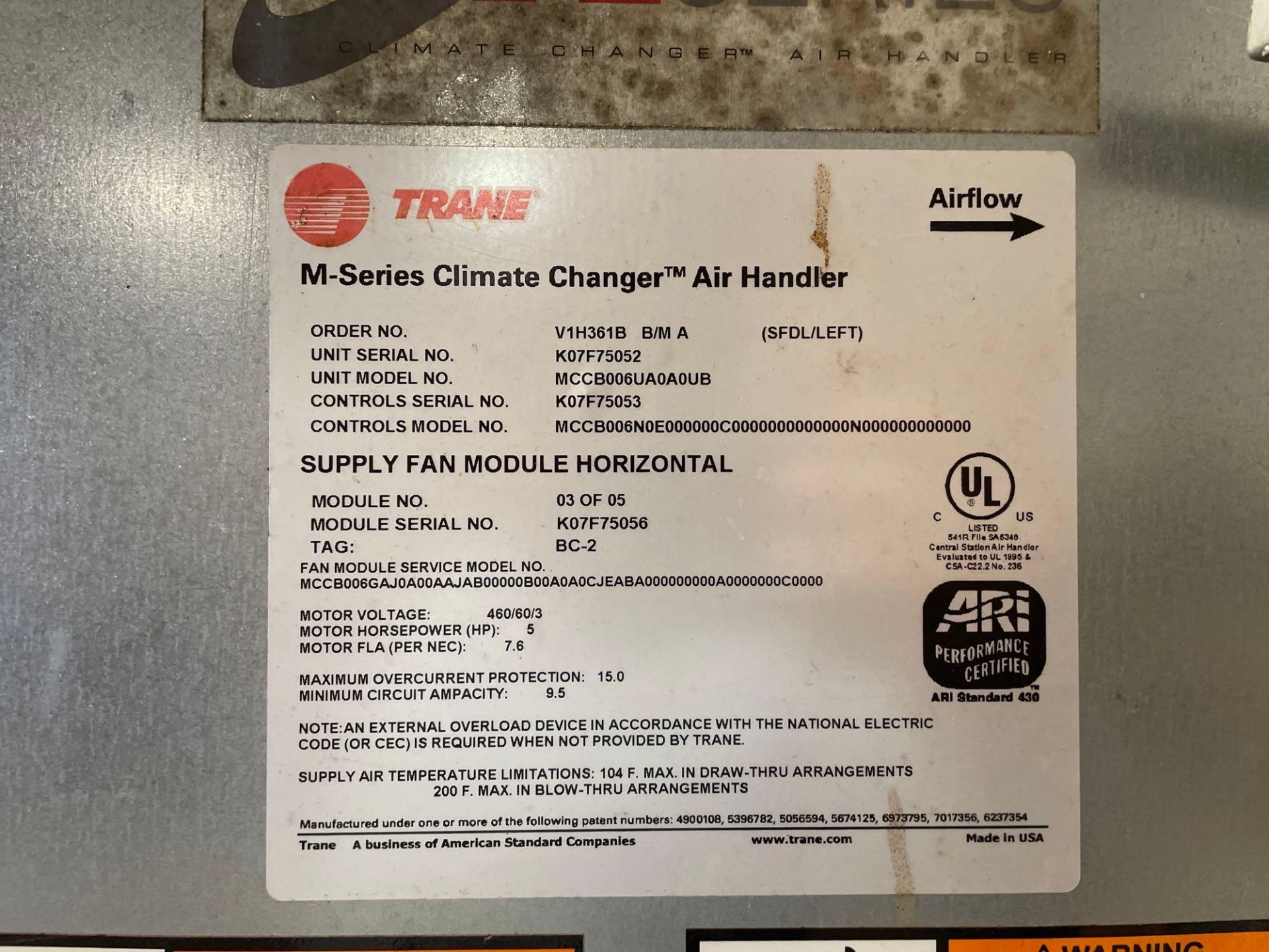 Lot of 2: Trane M-Series Climate Changer Air Handler, Model 03OF05 - Image 3 of 6