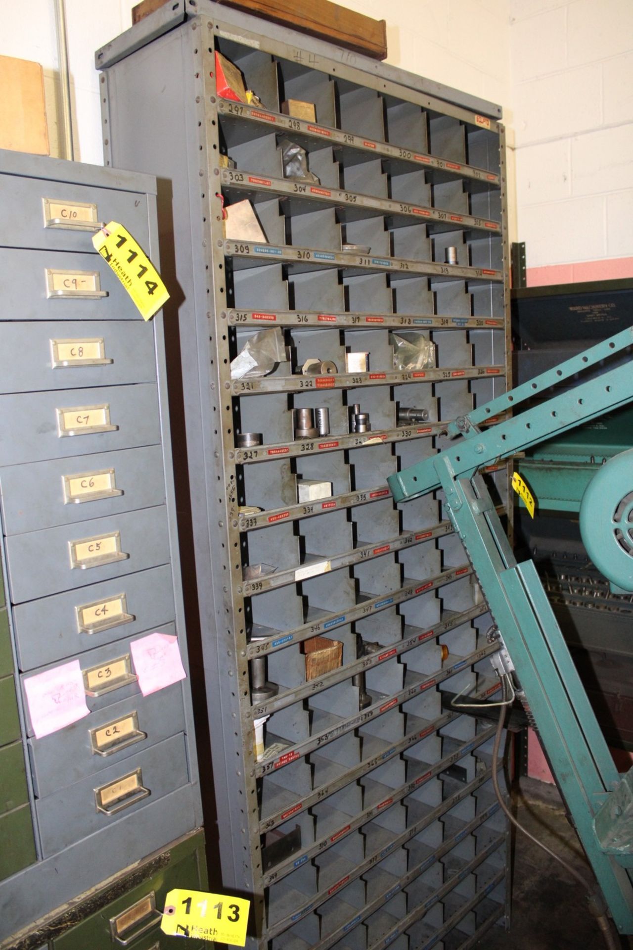 PIGEON HOLE CABINET WITH CONTENTS, 36" X 12" X 84"