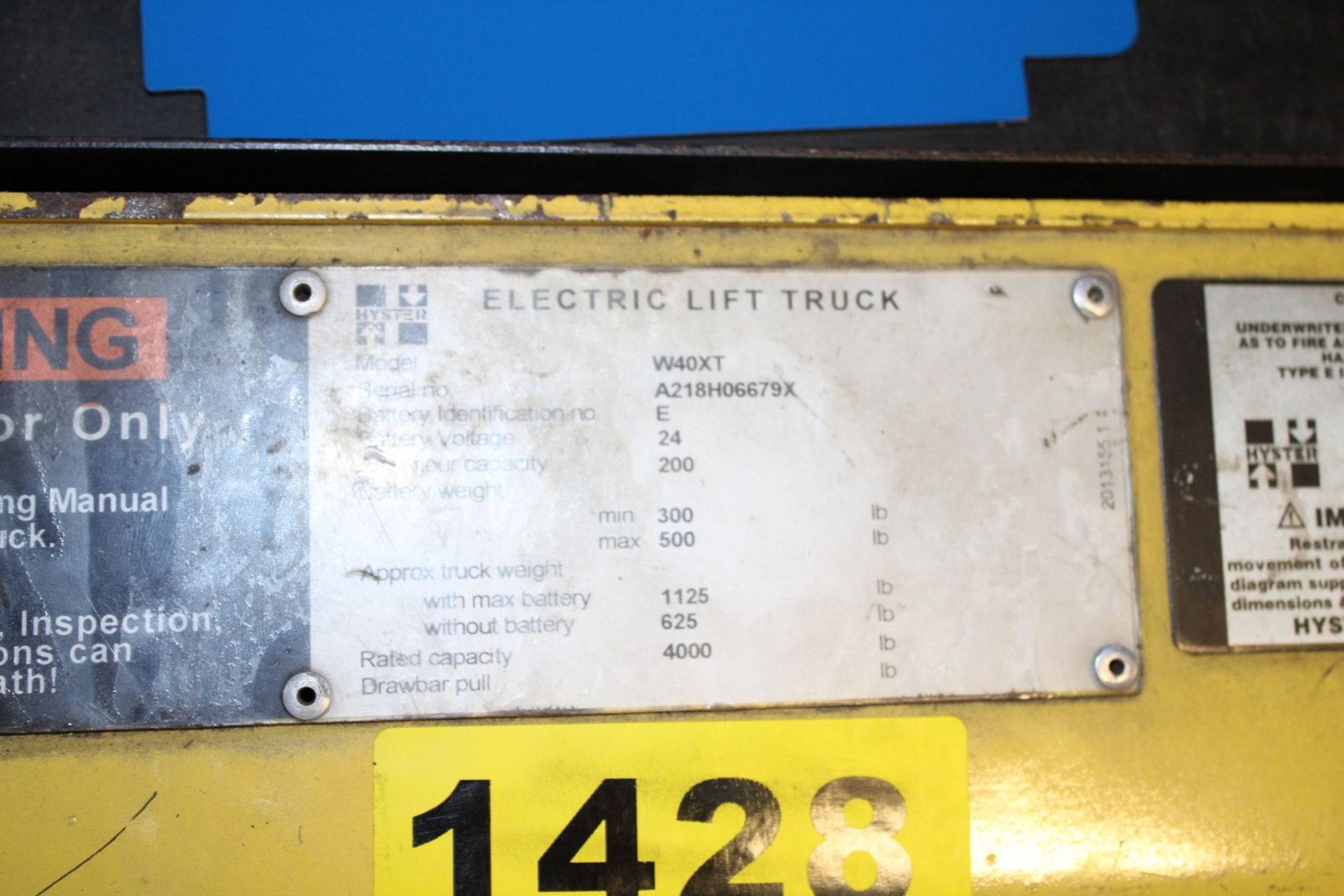 HYSTER 4,000 LB. MODEL W40XT ELECTRIC PALLET JACK: S/N A218H06679X; 48” FORKS - Image 3 of 5