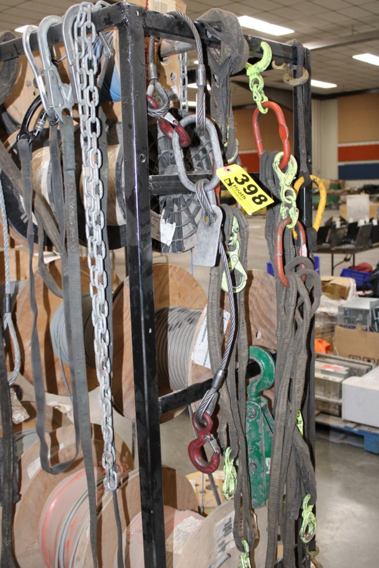 ASSORTED LIFTING CABLES, CHAINS & STRAPS ON RACK (RACK IS NOT INCLUDED) - Image 2 of 6