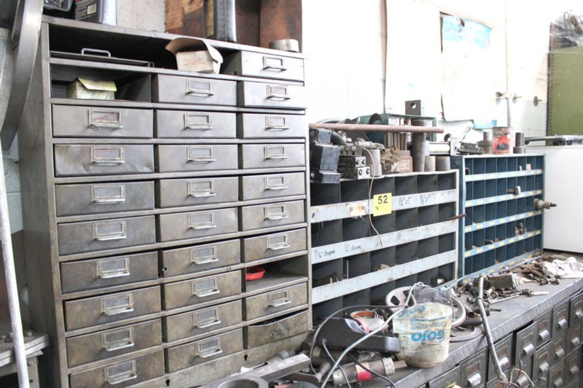 30 DRAWER CABINET & (2) CUBBY HOLE STORAGE UNITS (SOME DRAWERS MISSING) WITH CONTENTS