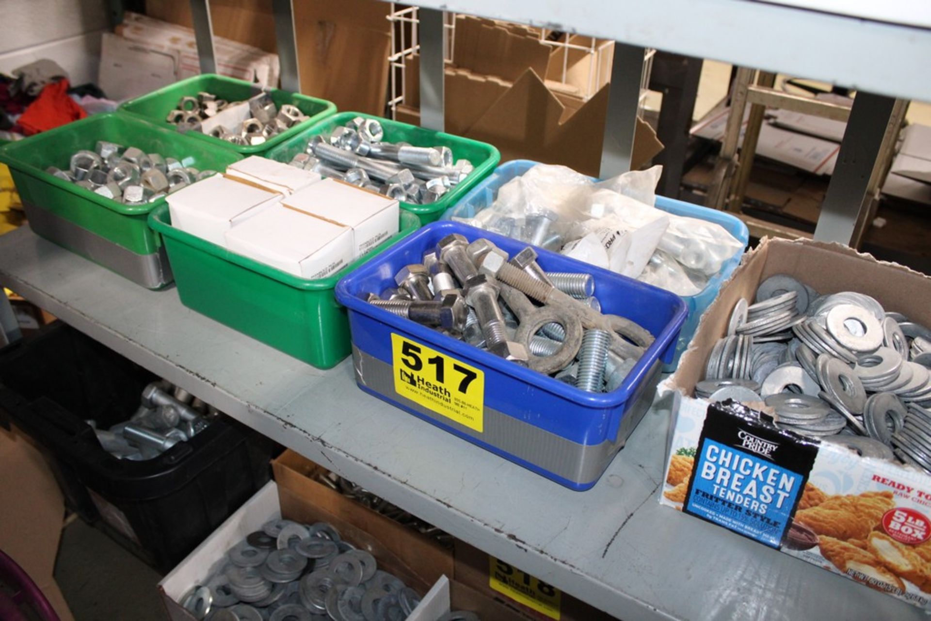 ASSORTED LARGE HARDWARE AND FASTENERS ON SHELF