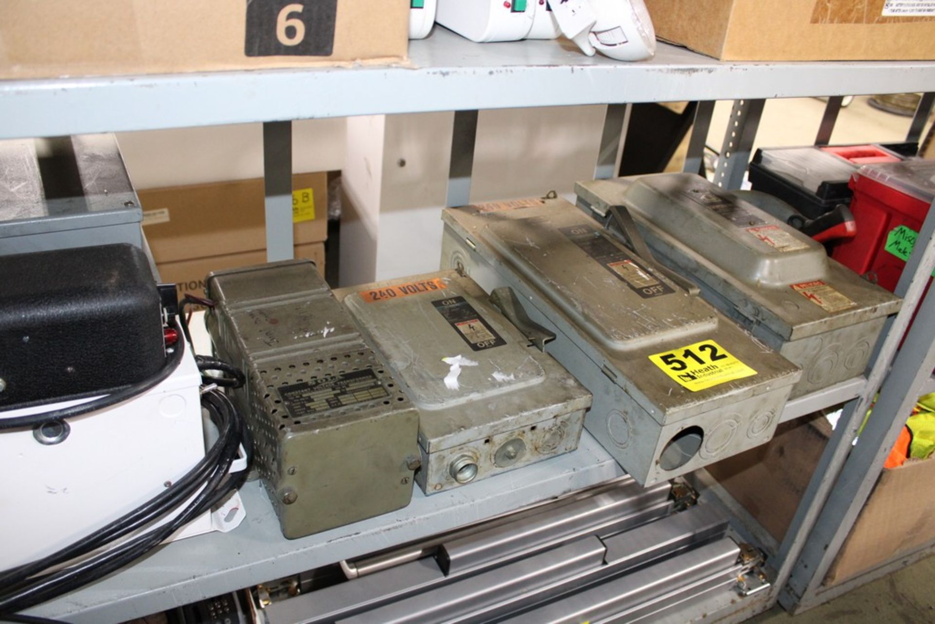 ASSORTED OUT OF SERVICE ELECTRICAL CONTROL BOXES ON SHELF