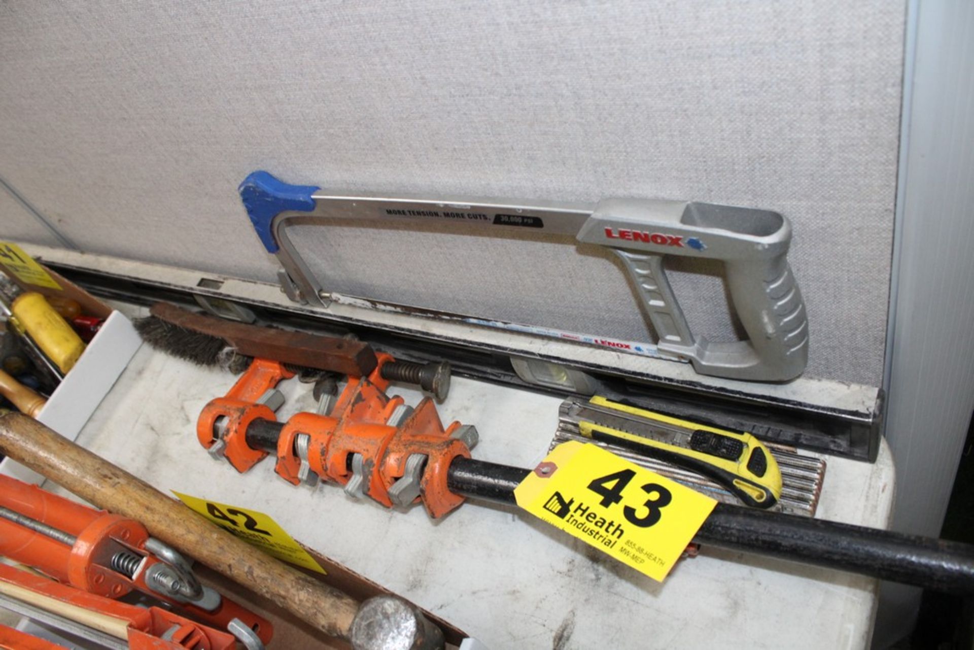 PIPE CLAMP, LEVEL, RULER, HACK SAW