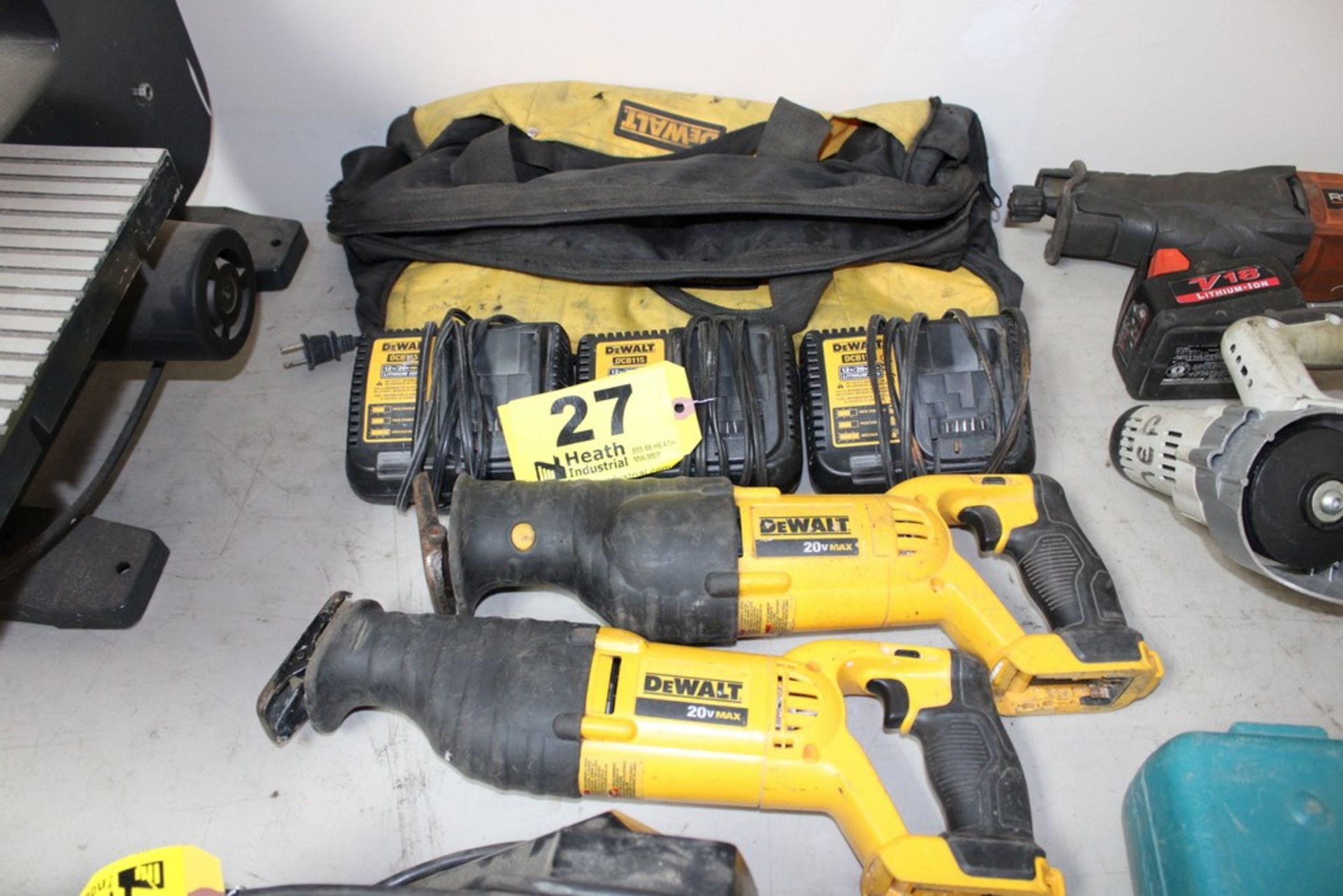 (2) DEWALT 20V CORDLESS SAWZALLS, MODELS DCS380 & DCS381, WITH (3) CHARGERS, (0) BATTERIES,