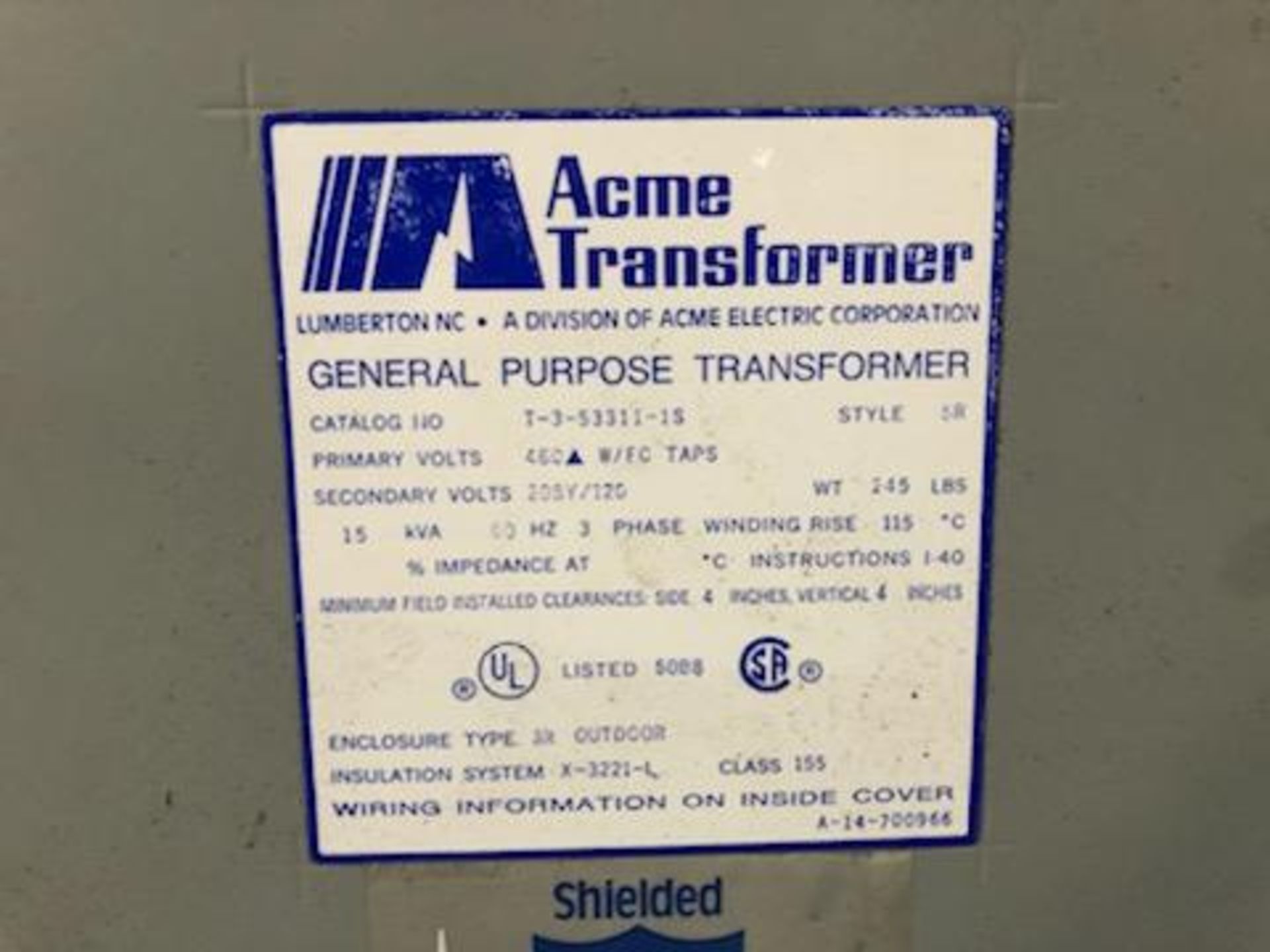 ACME 15 KVA T+3-53311-1S STYLE SR TRANSFORMER: - Image 2 of 2