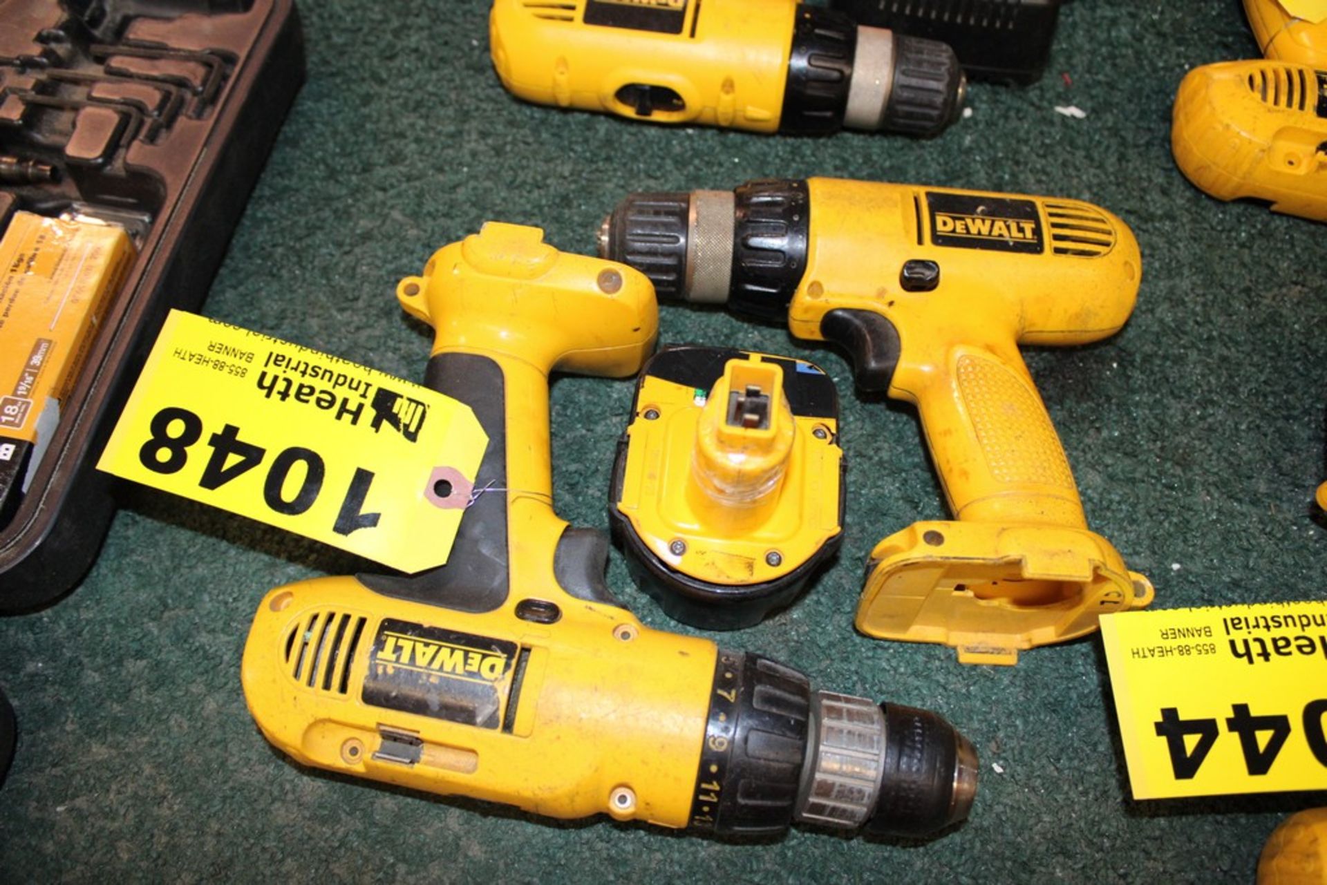 (2) ASSORTED DEWALT DRILLS, (1) BATTERY, NO CHARGER