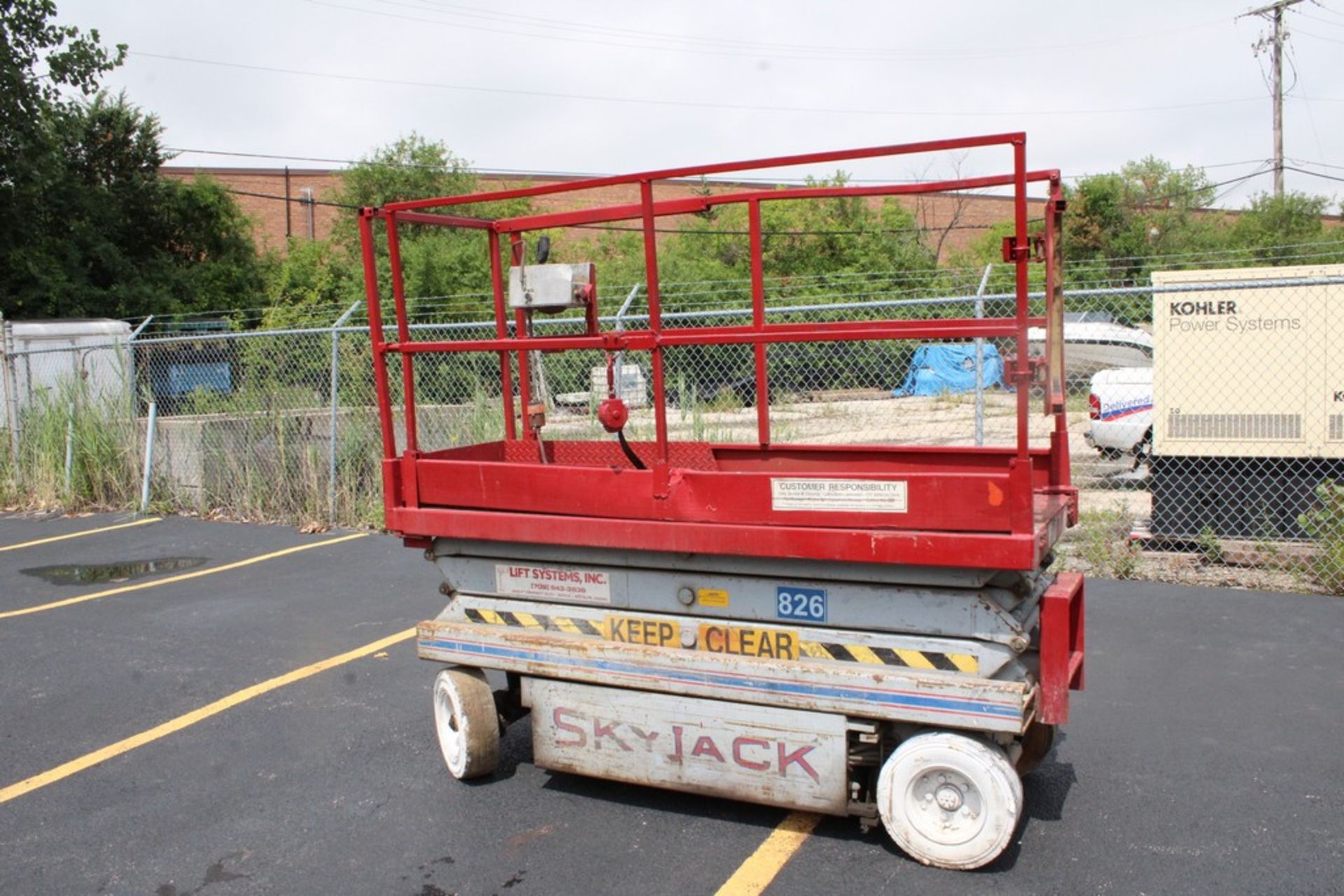 SKYJACK MODEL 3220 SCISSOR LIFT, 20 FT PLATFORM HEIGHT, 800LB. CAP. S/N 60183, MANUFACTURED 7/90