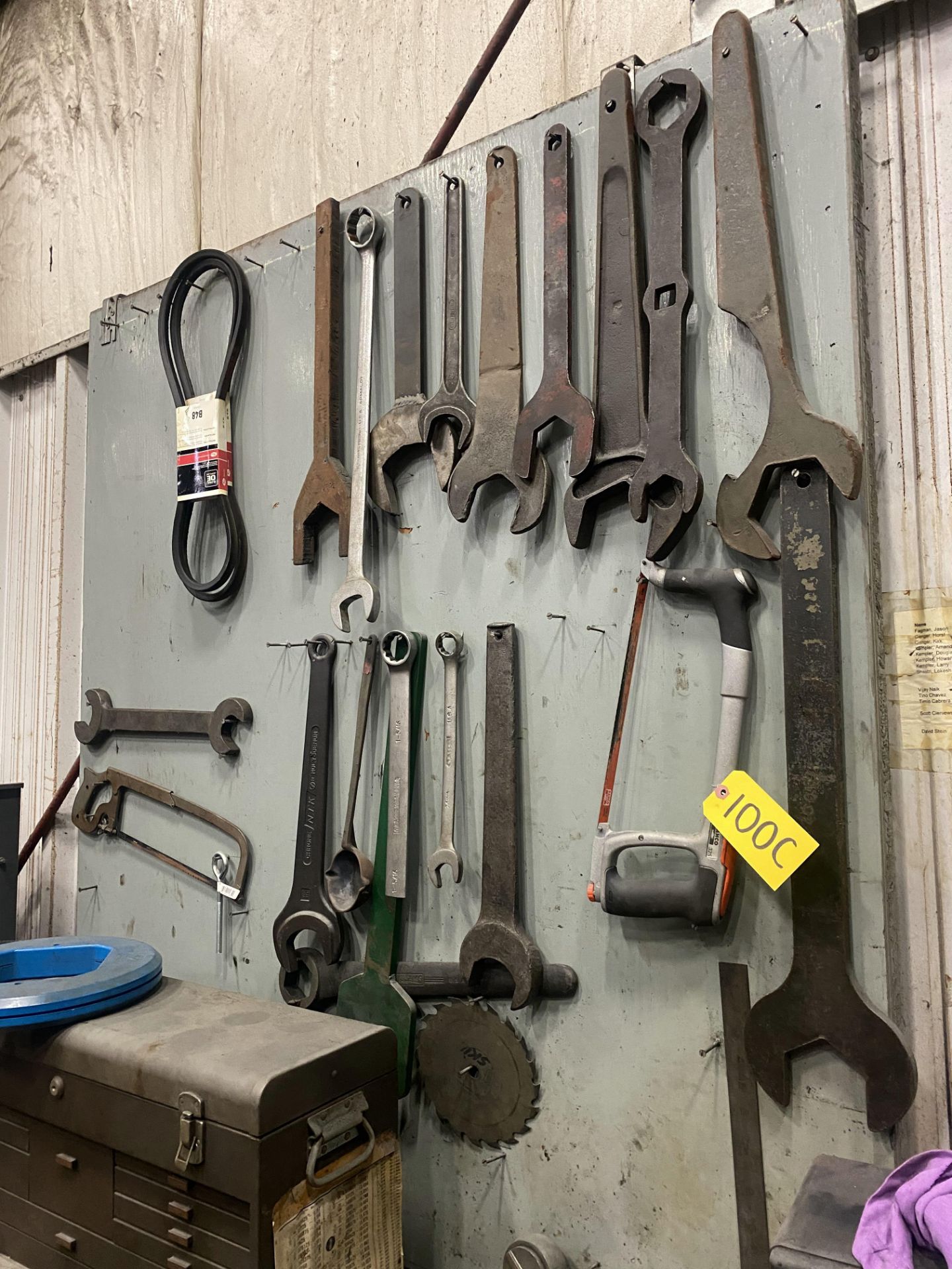 HACK SAWS, MACHINE WRENCHES, ETC ON WALL