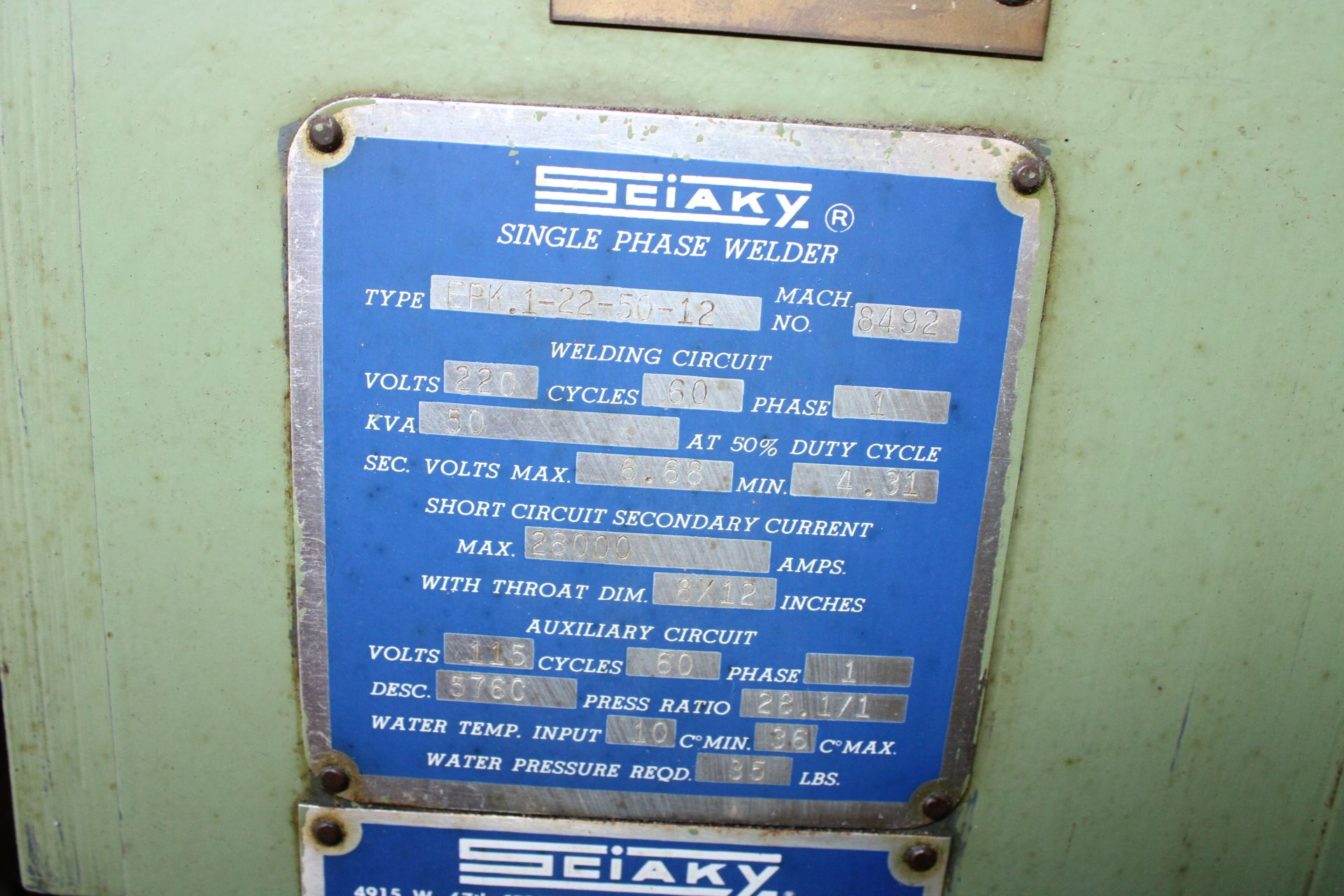 SCIAKY TYPE EPK.1-22-50-12 50 KVA PRESS TYPE SPOT WELDER, S/N 8492 - Image 9 of 9