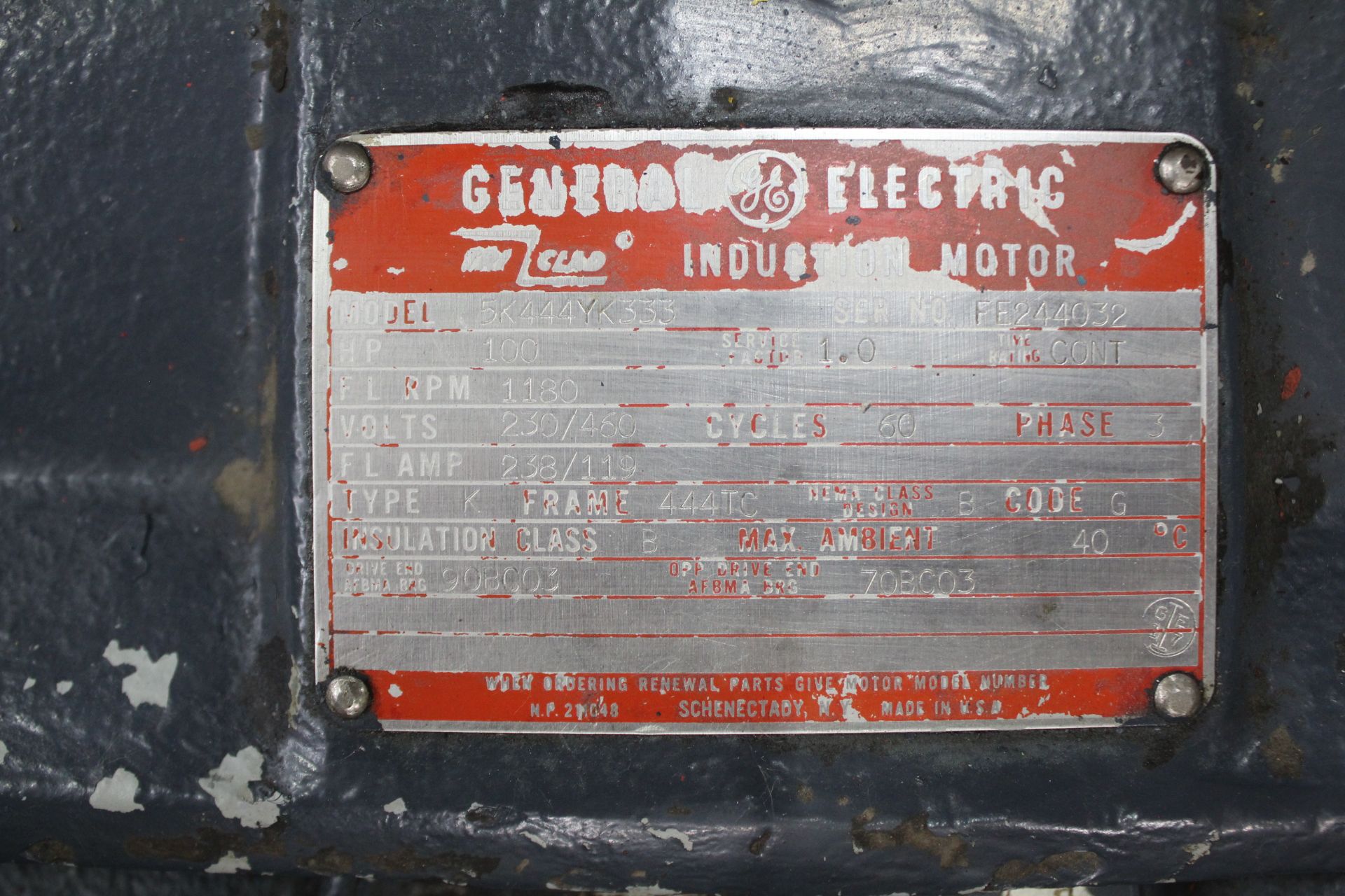 GENERAL ELECTRIC MODEL 5K444YK333 100 HP 1180 RPM INDUCTION MOTOR, 230/460V 3 PHASE - Image 3 of 3