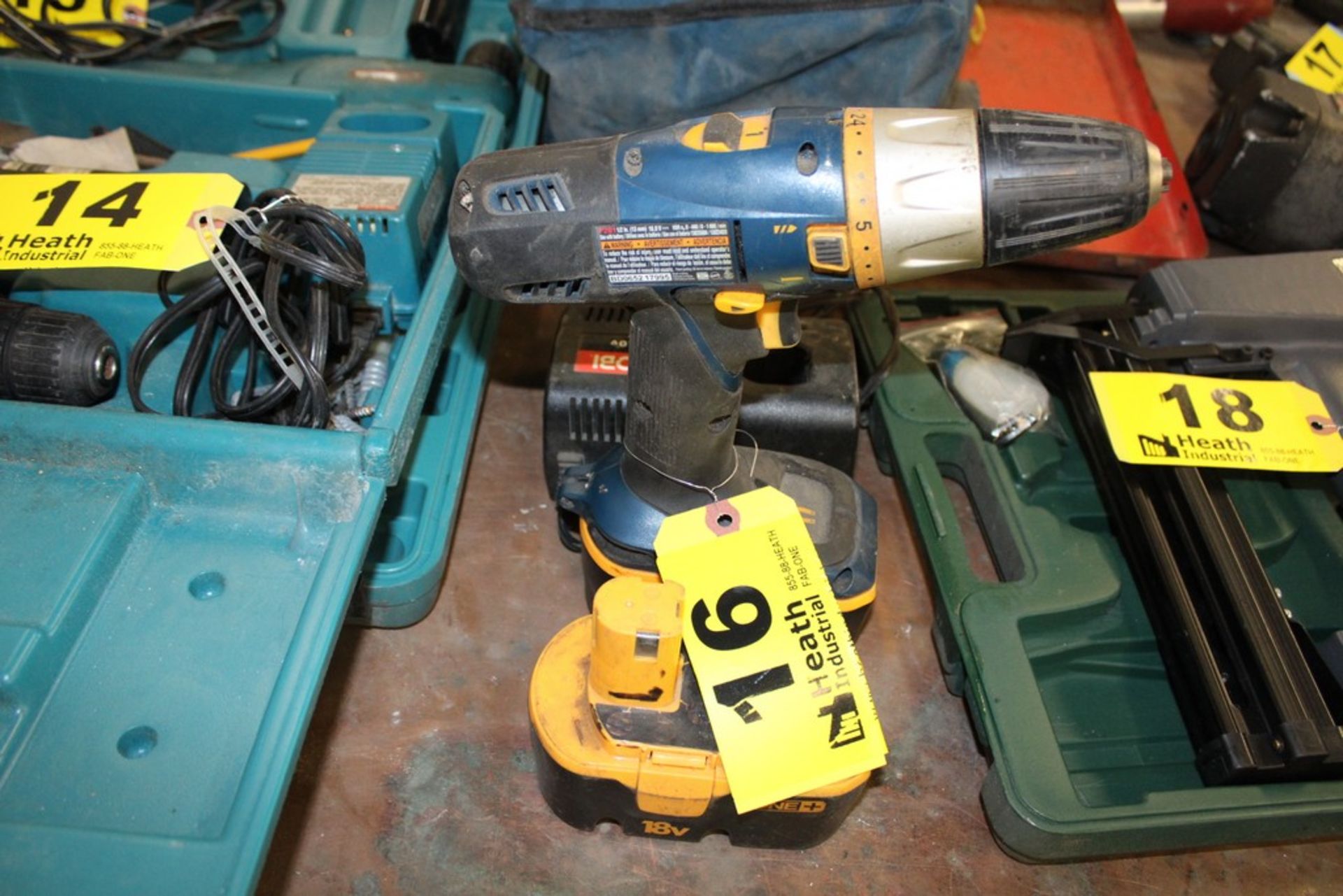 RYOBI MODEL P201 1/2" 18V CORDLESS DRILL, (2) BATTERIES, CHARGER AND BAG