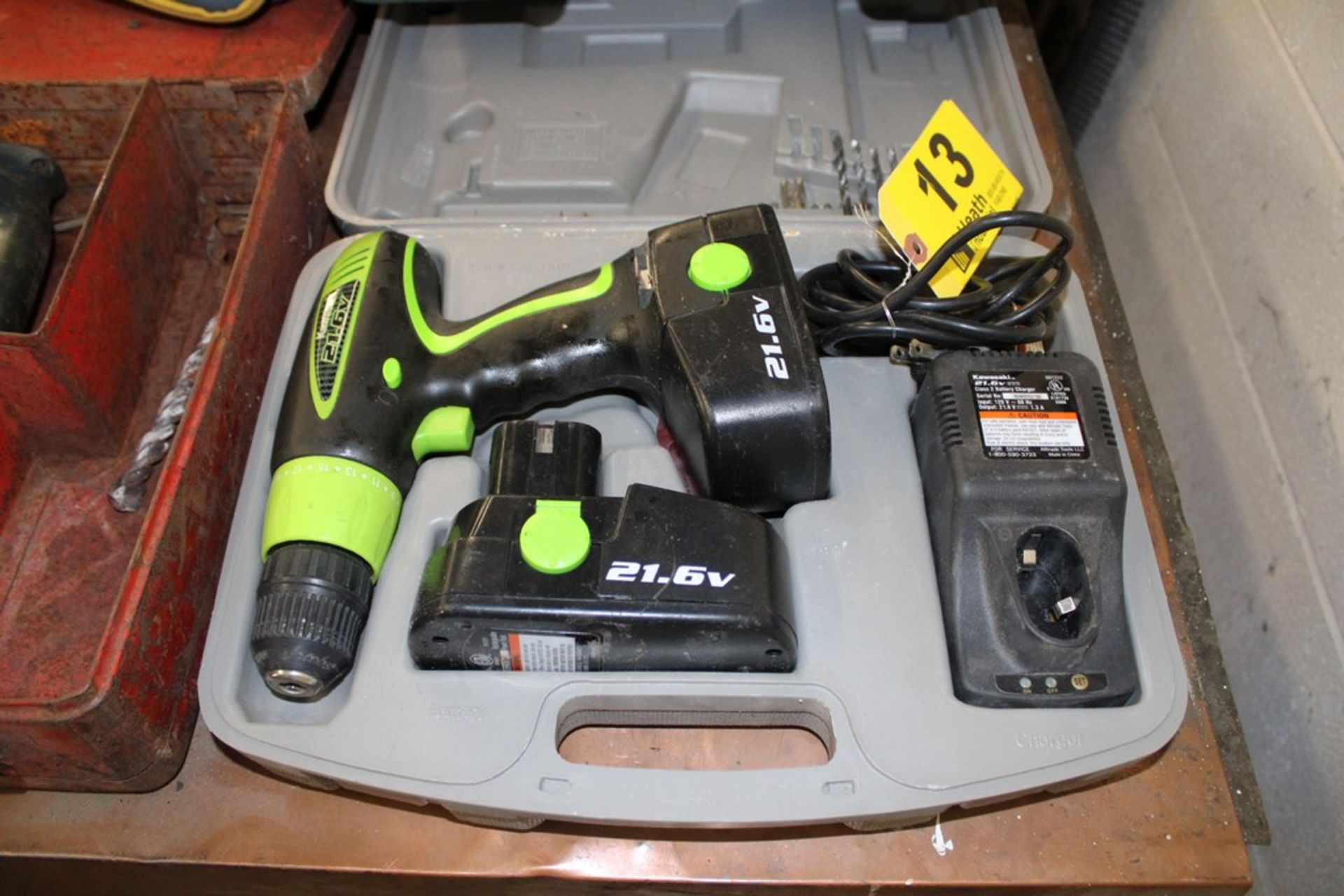 KAWASAKI 21.6V CORDLESS DRILL, (2) BATTERIES, CHARGER AND CASE