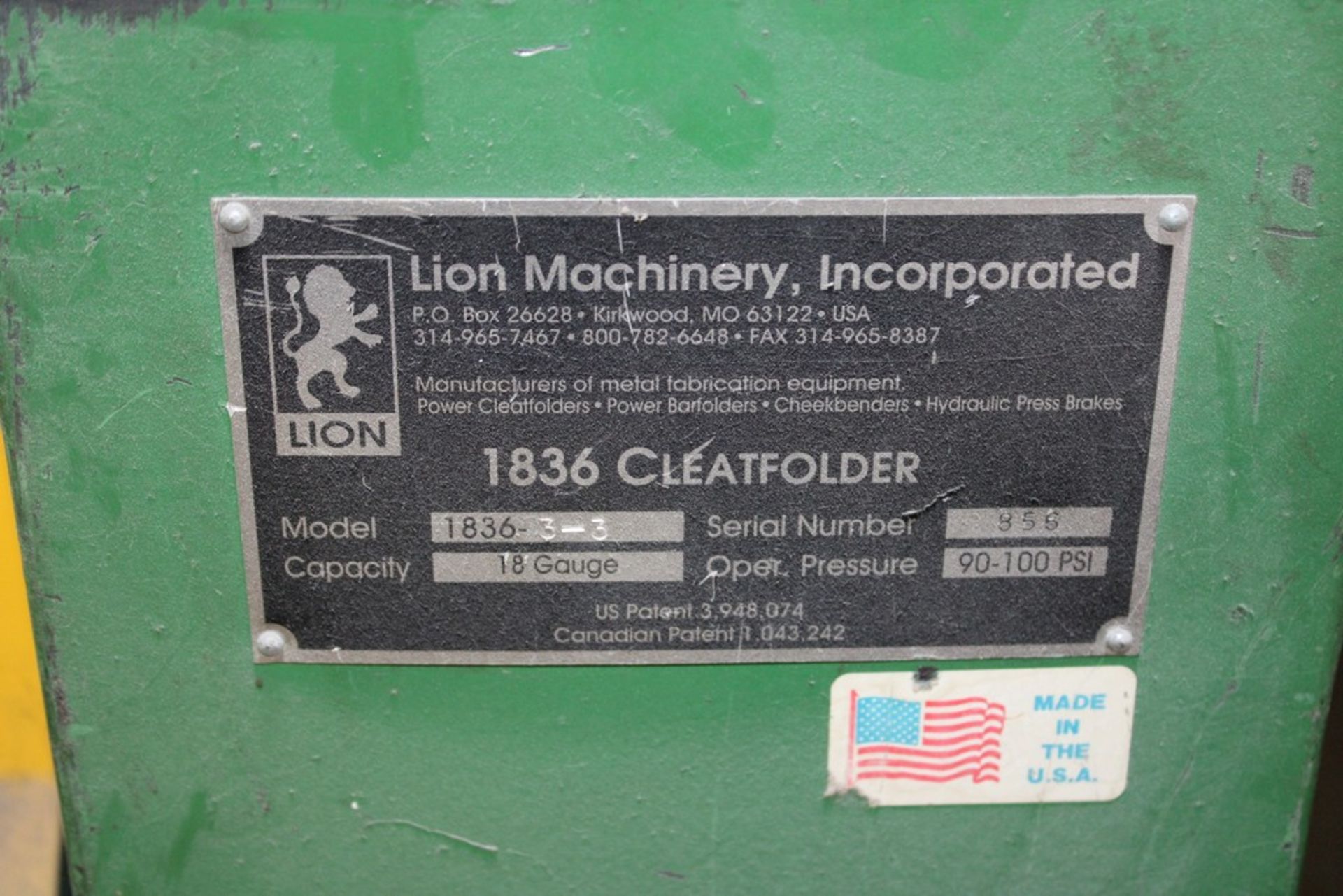 LION MACHINERY MODEL 1836-3-3 CLEAT FORMER, S/N 856, 36" WIDTH - Image 3 of 4