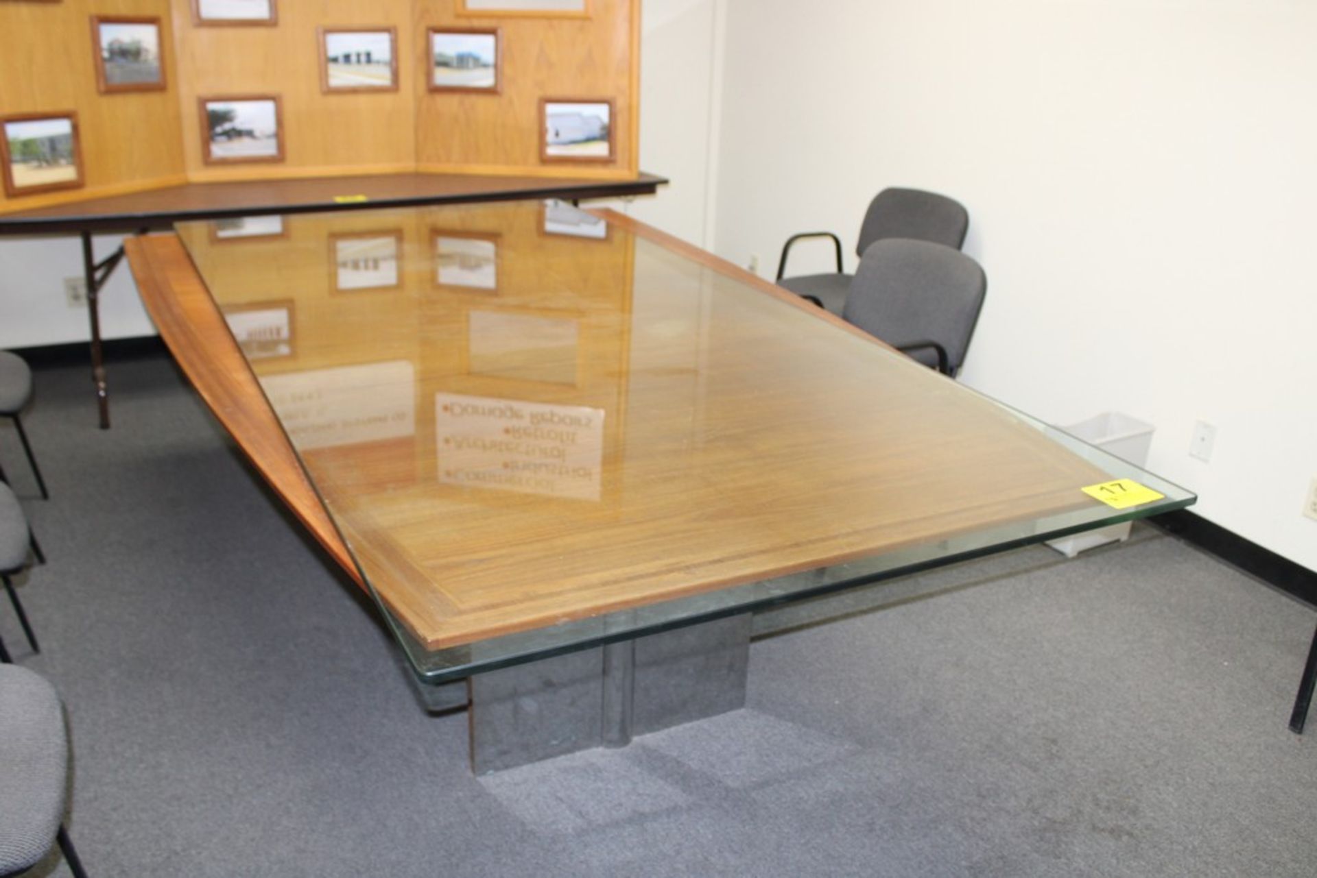 BOATAIL SYLE WOOD CONFERENCE TABLE , WITH BECKER GLASS HOCKEY PANEL TOP, 8' X 5'