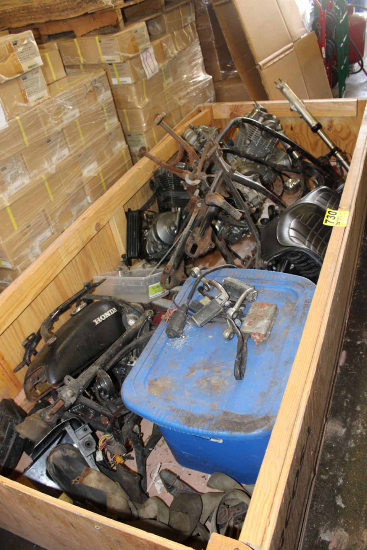 LARGE QTY OF MOTORCYCLE PARTS, MOTORS, FRAME, SEAT, ETC.