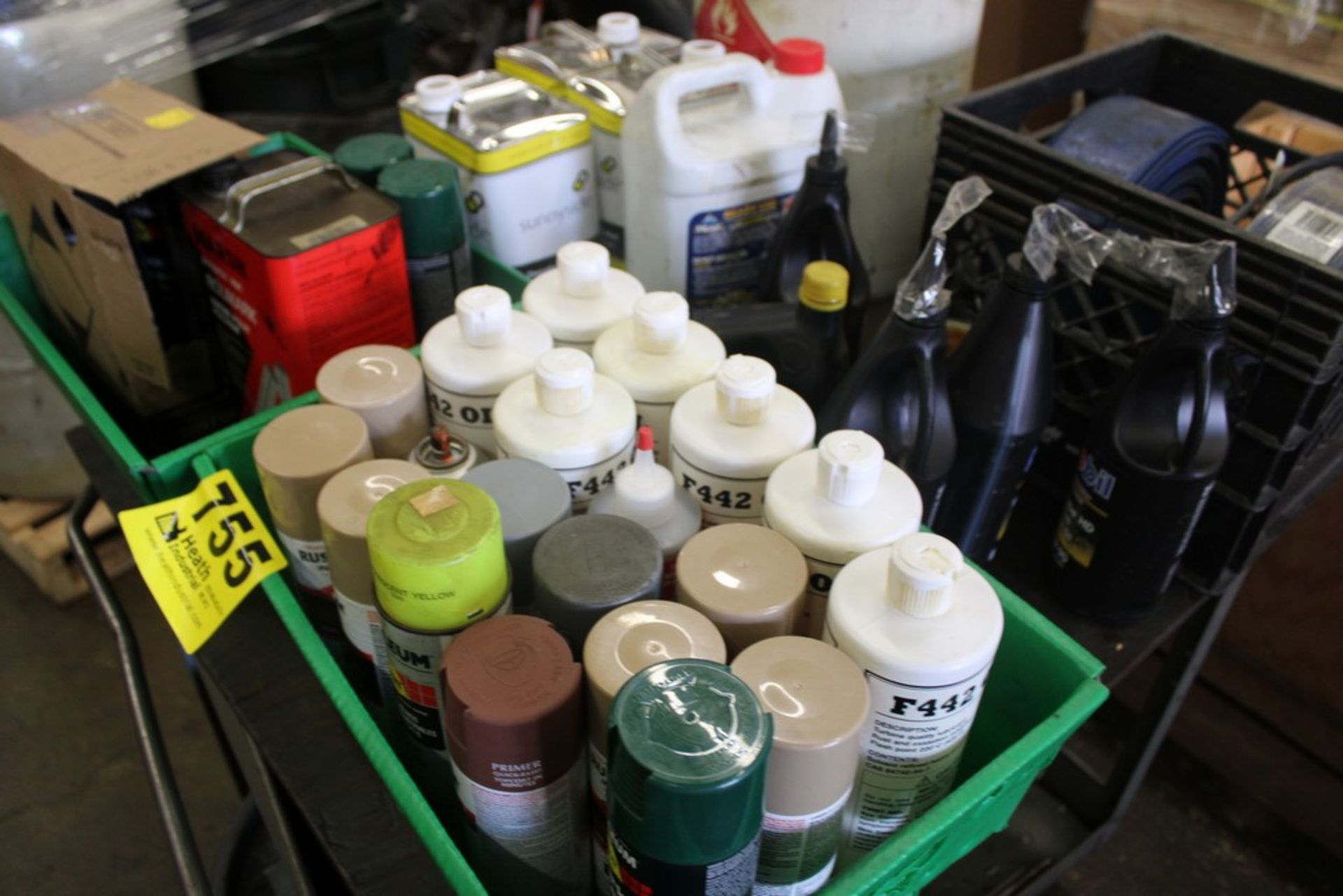 LARGE QTY OF PAINT, CHEMICALS, OILS, ETC ON CART (NO CART) - Image 5 of 5