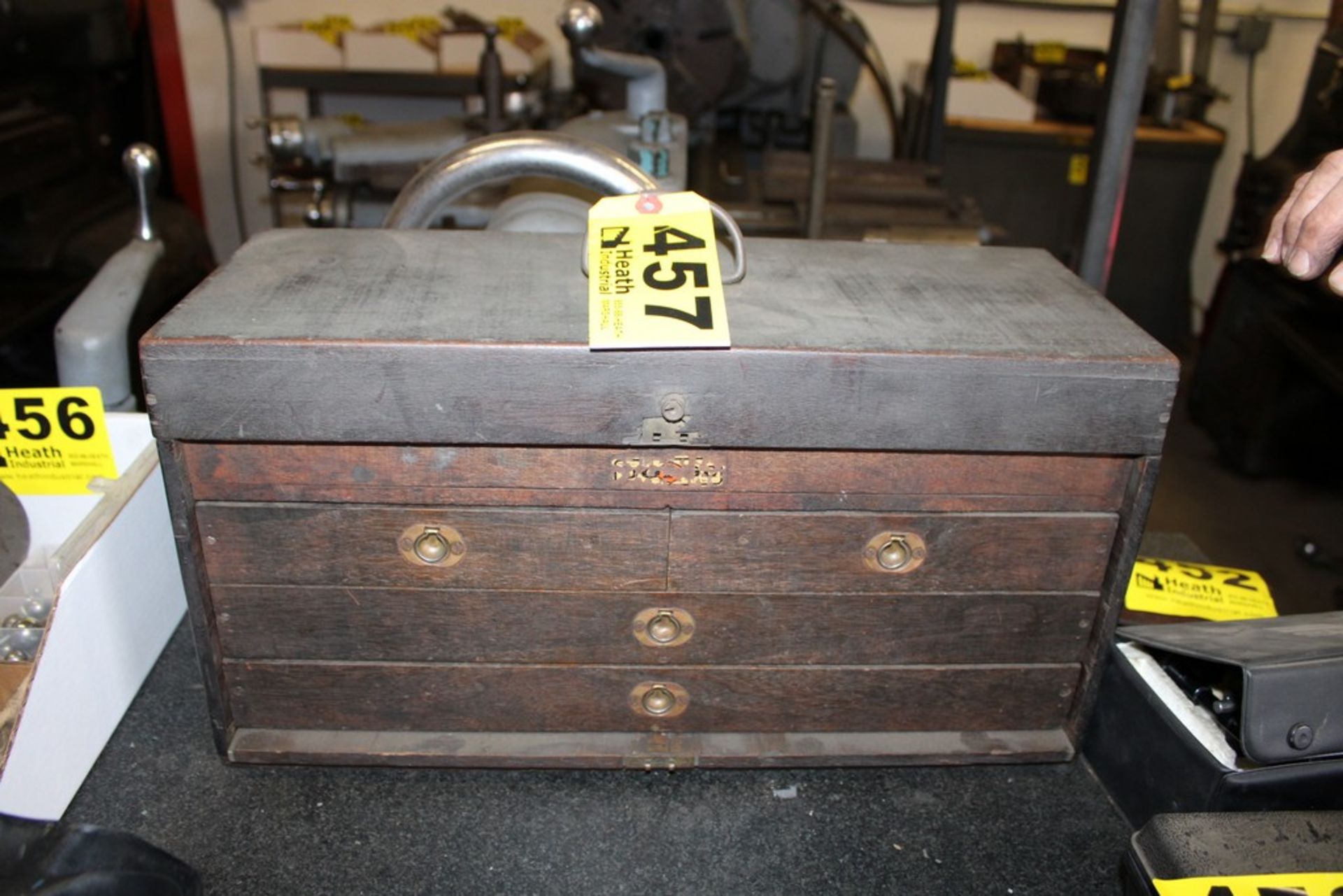 WOOD MACHINIST FOUR DRAWER TOOL BOX WITH MISC. TOOLS