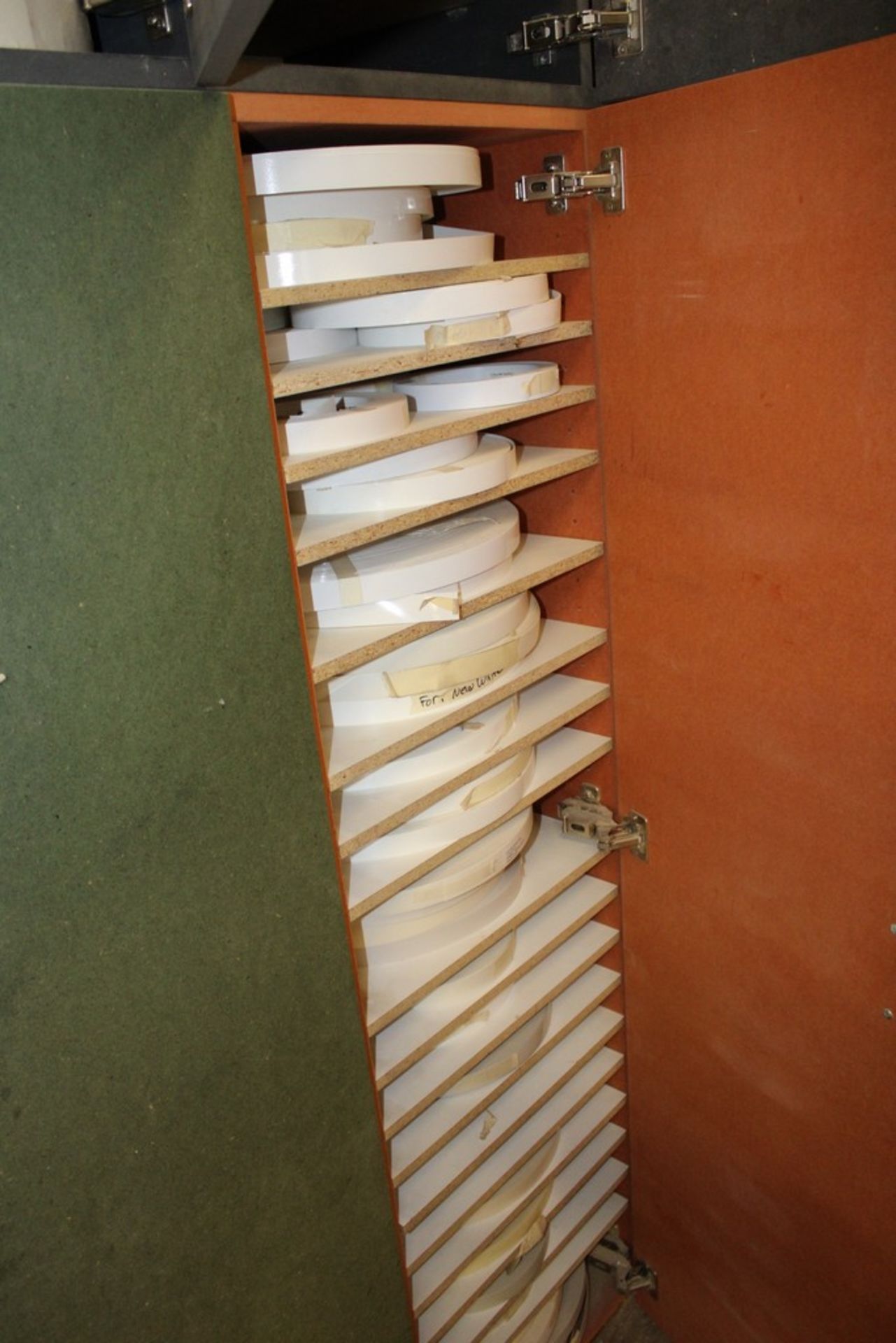 LARGE QTY OF EDGE BANDING IN CABINET, WITH CABINET - Image 7 of 14