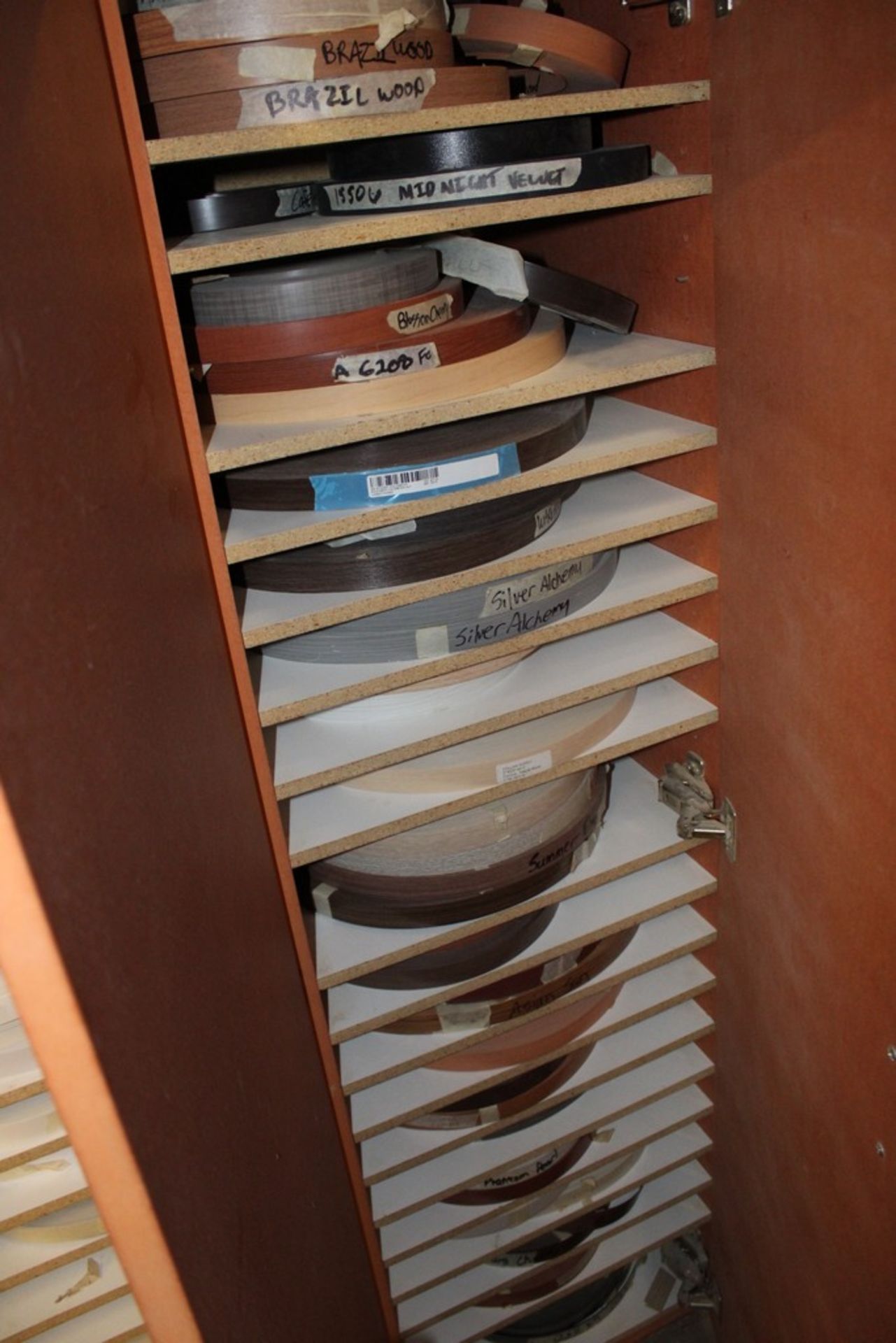 LARGE QTY OF EDGE BANDING IN CABINET, WITH CABINET - Image 9 of 14