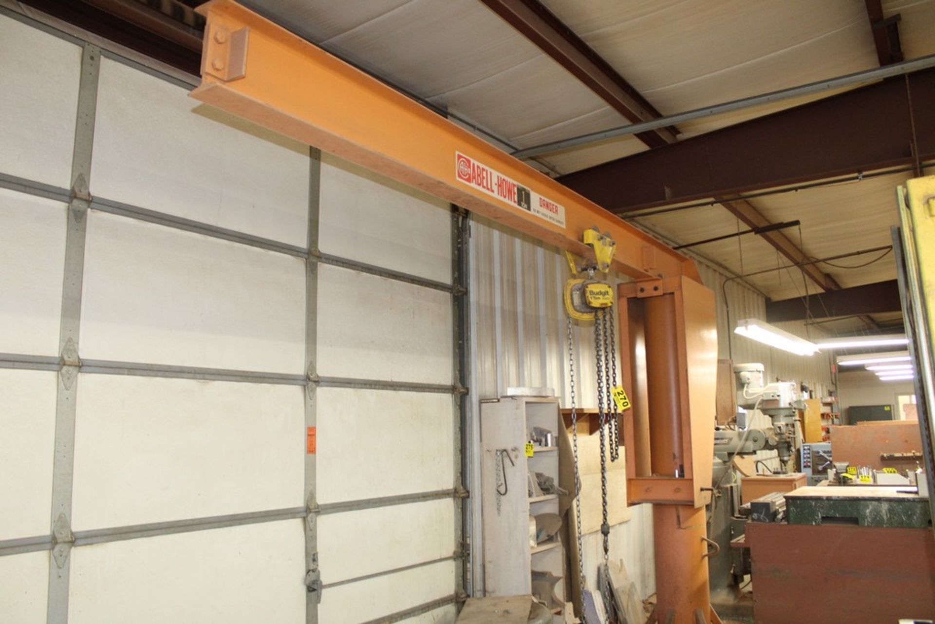 ABELL-HOWE 1 TON JIB CRANE WITH 11â€™ ARM, BUDGIT 1 TON CHAIN FALL