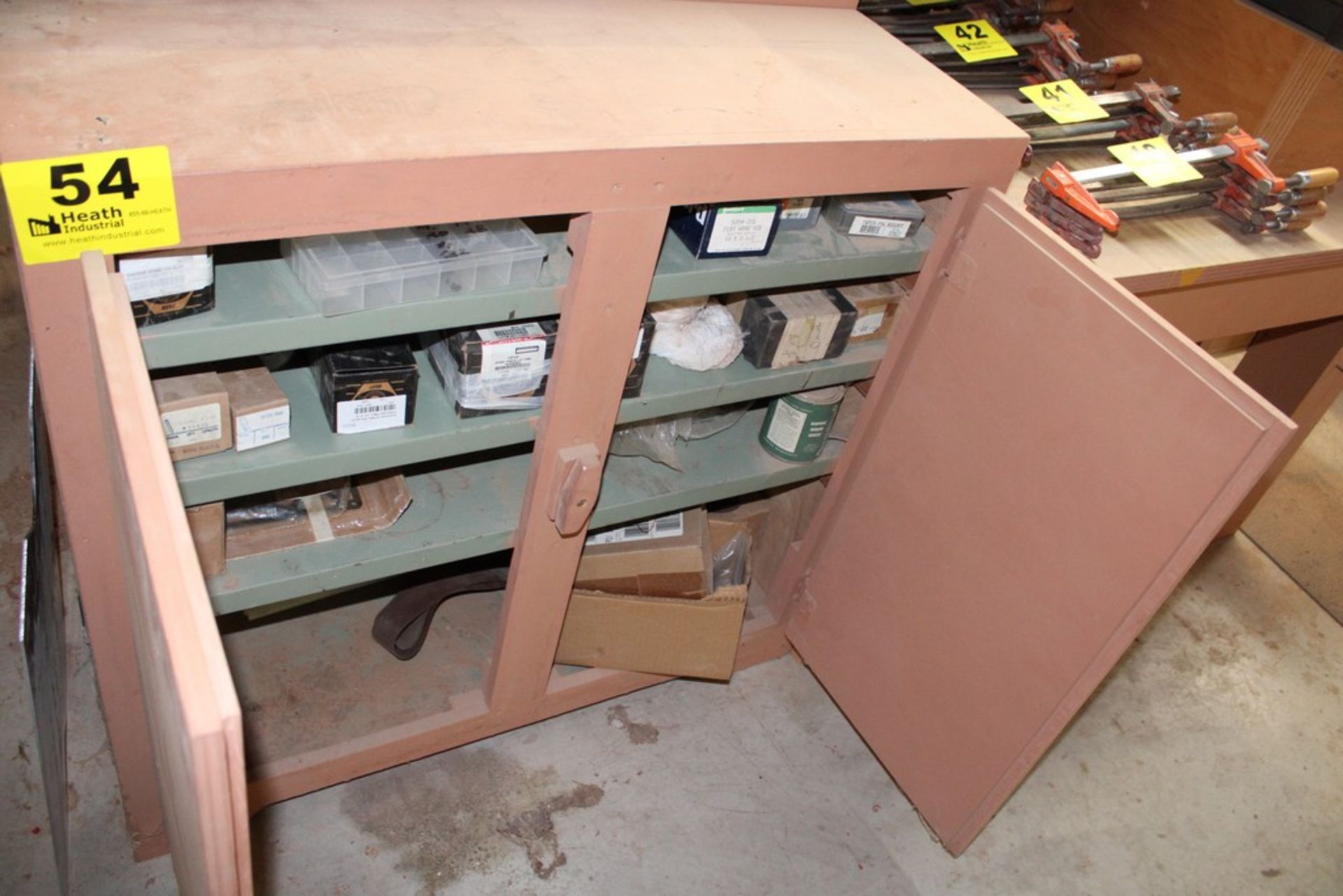 TWO DOOR CABINET WITH LARGE QTY OF HARDWARE & CLAMPS