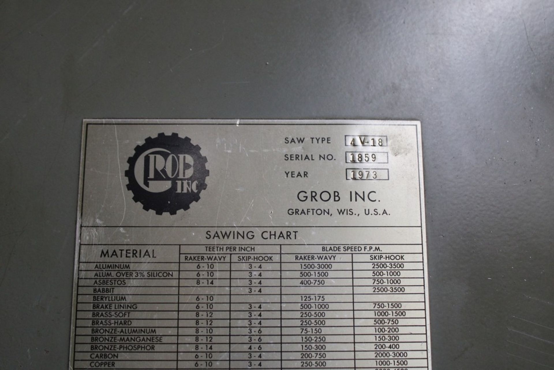 GROB 18" MODEL 4V-18 VERTICAL BAND SAW, S/N 1859, WITH BLADE WELDER - Image 5 of 5