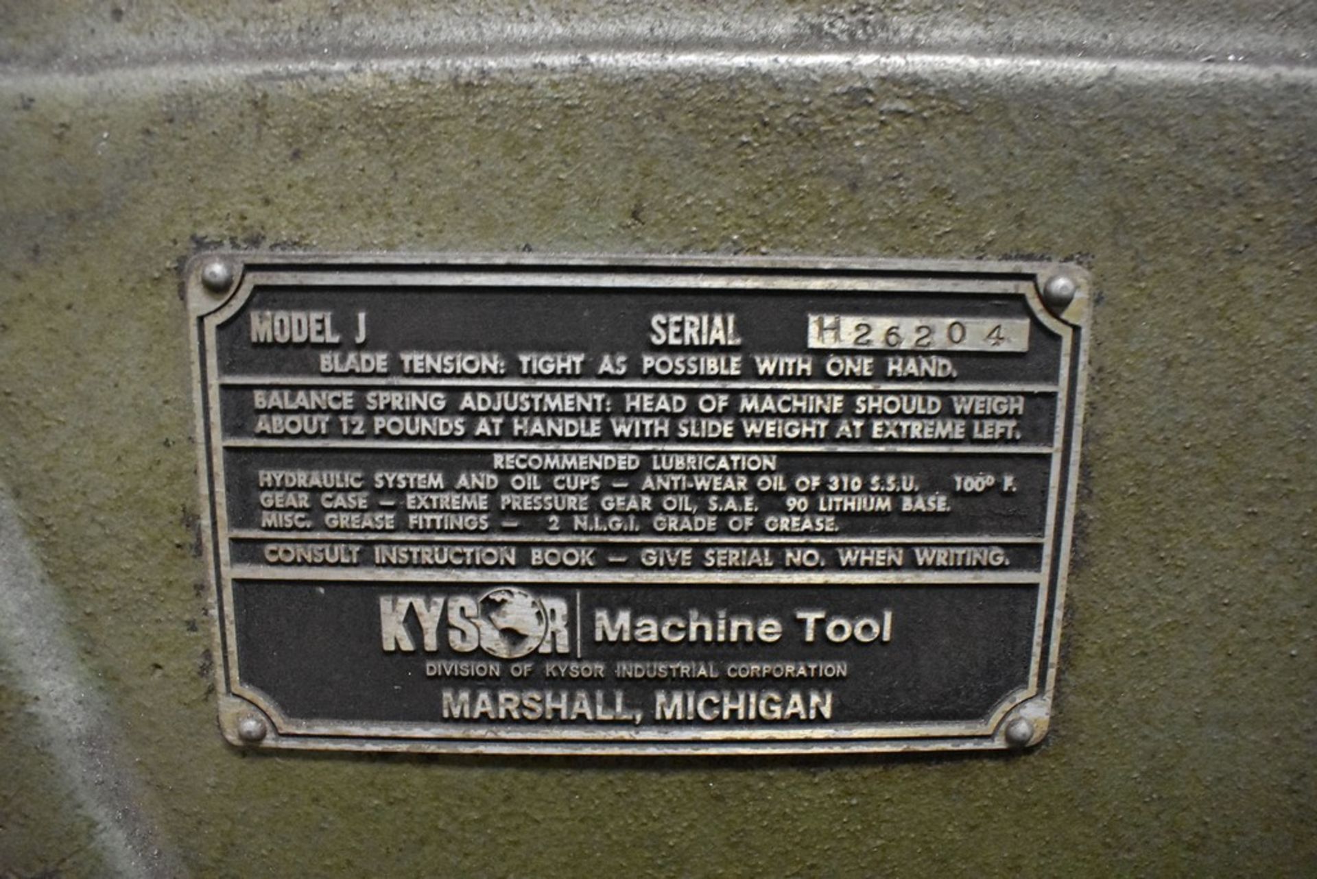 KYSOR JOHNSON MODEL J HORIZONTAL BAND SAW, S/N H26204 - Image 3 of 3