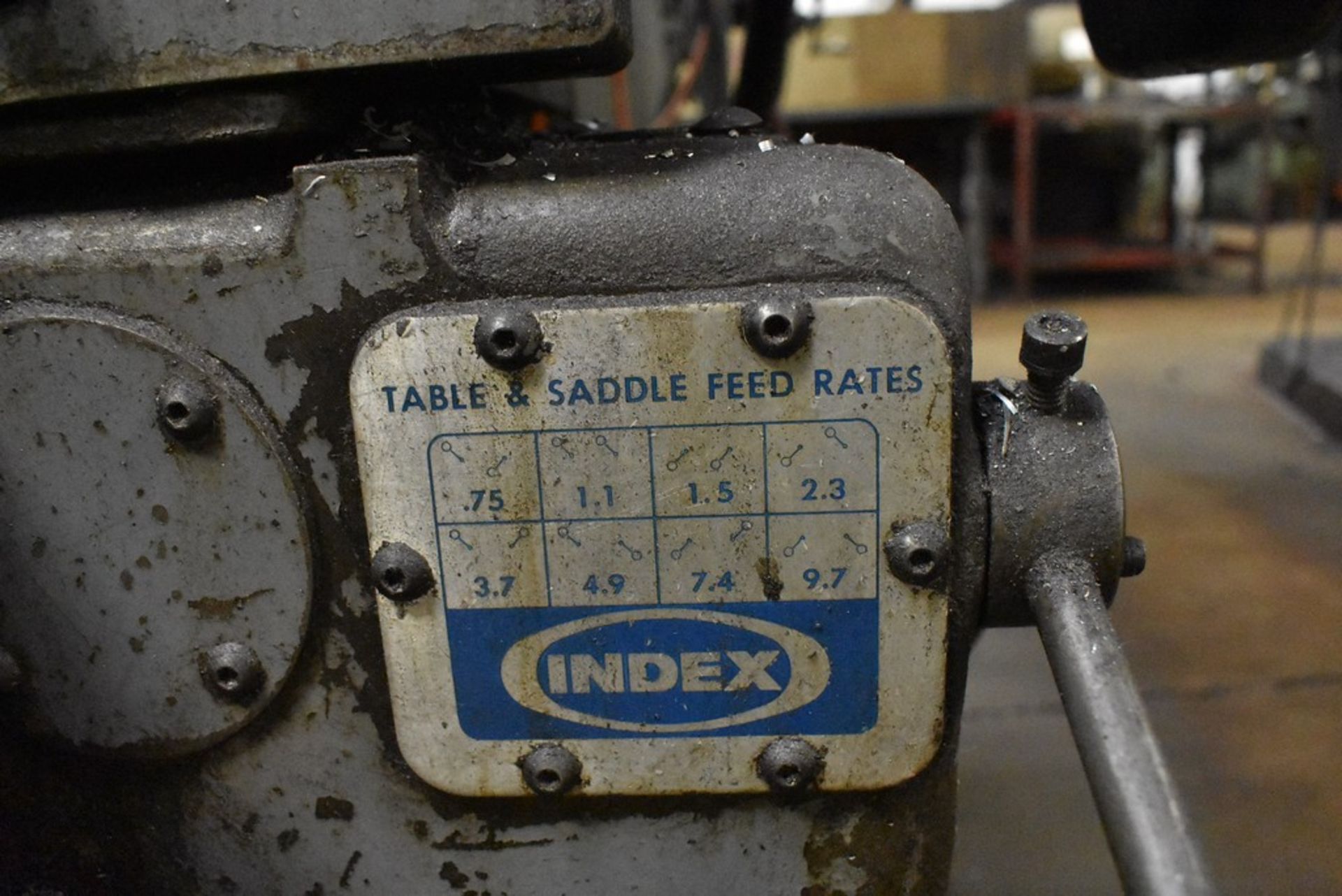 INDEX 1 HP MODEL 747 RAM TYPE VERTICAL MILL, S/N 16035, 42" POWER FEED TABLE - Image 7 of 7