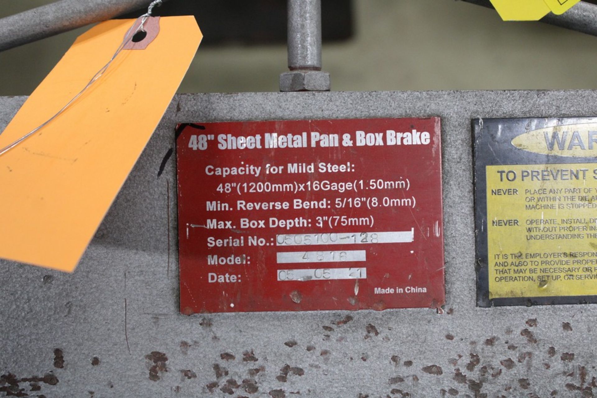 MHC 16 GAUGE X 48â€ MODEL 4816 SHEET METAL PAN & BOX BRAKE, S/N 0505100-128, ON STAND - Image 3 of 4