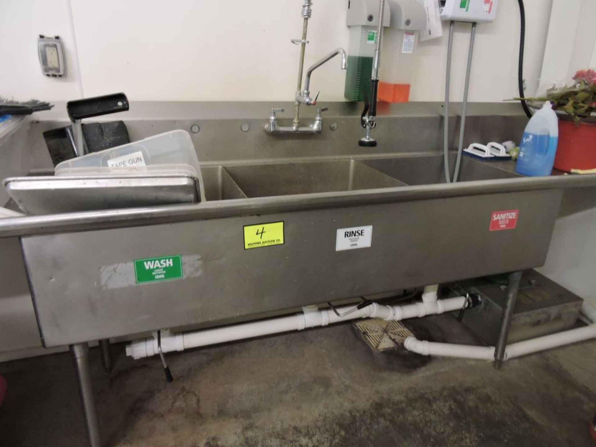 Stainless steel 3 basin sink, with 10' long grease trap. (Loading fee $50)