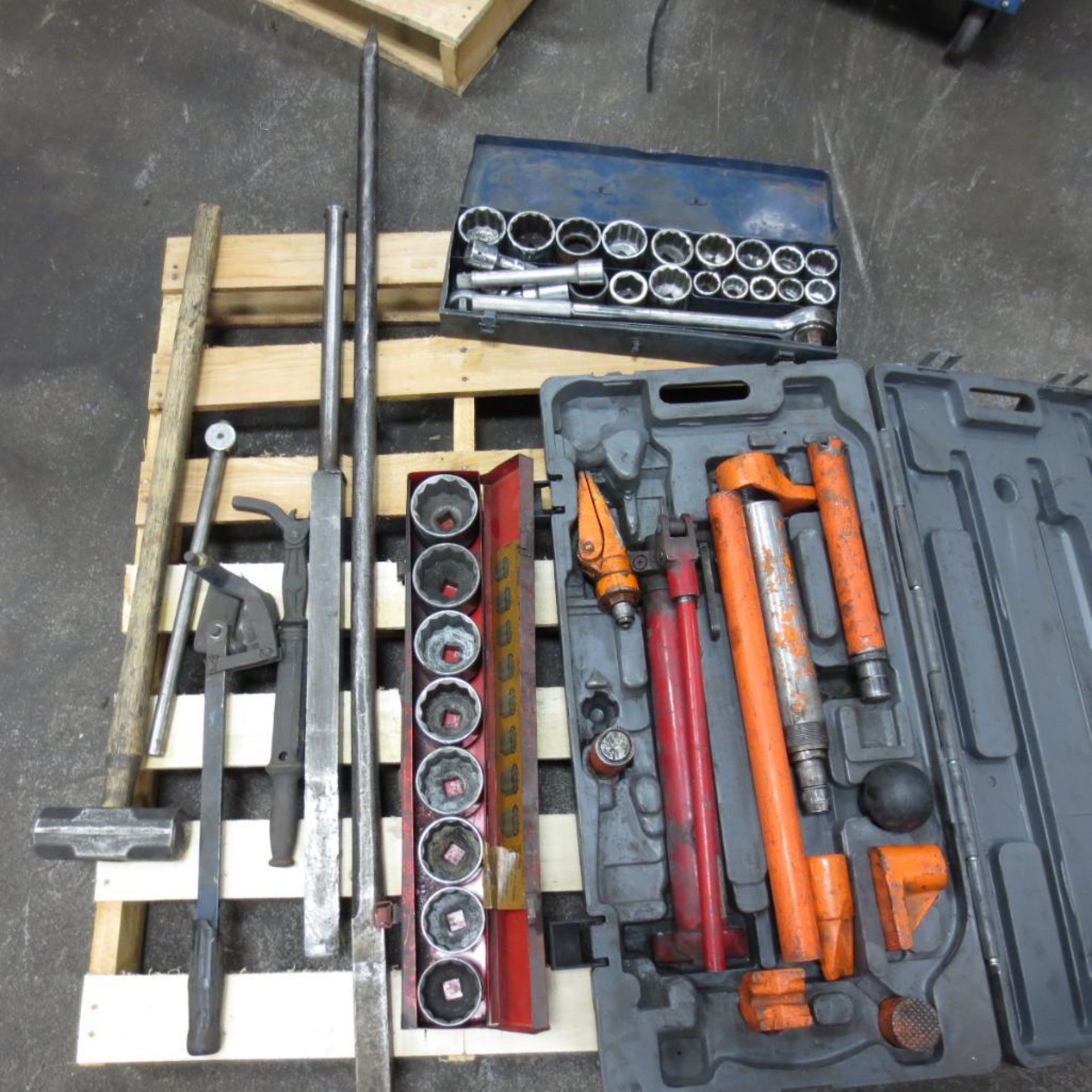 Skid with 10 Ton Portable Puller Kit, Tube Cutter, Socket and Socket Set ( Loc. Greenville, IL )