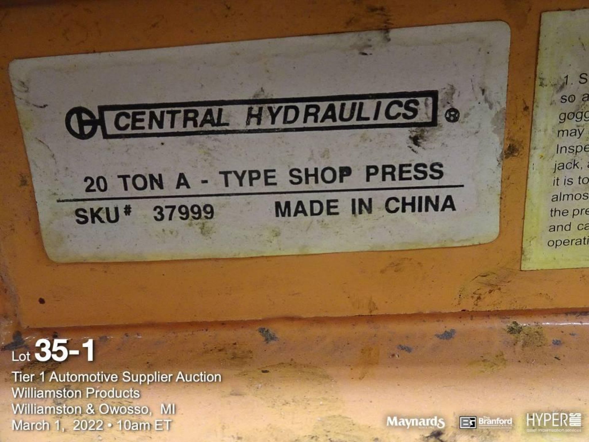 Central Hydraulics A-type hydraulic 20 ton shop press - Image 2 of 4