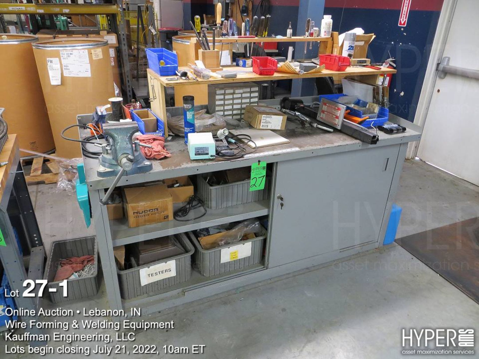 Workbench with vise, plus contents