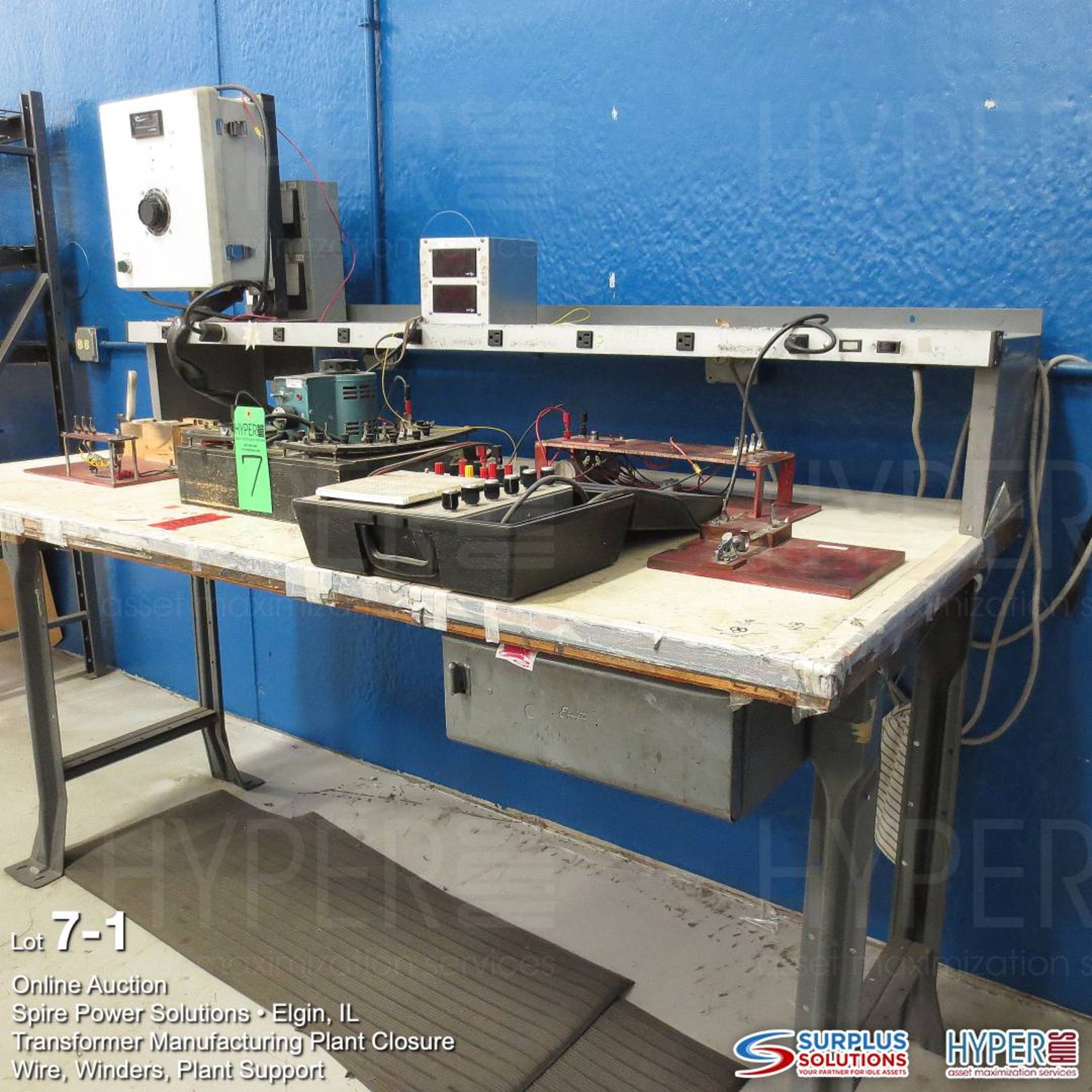 Transformer test bench with bench Bell & Howell console 8 Variable autotransformer and test set up