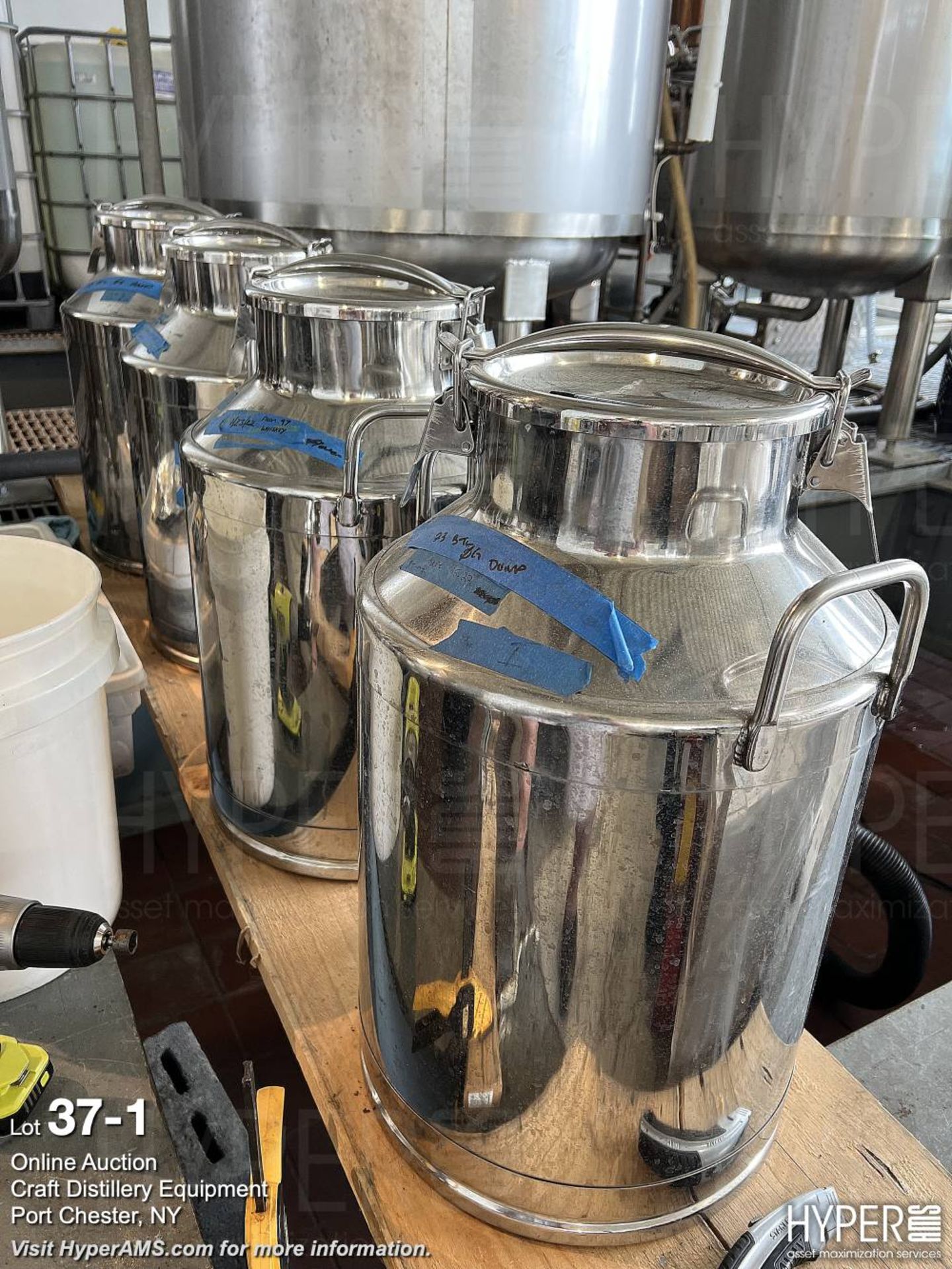 Lot: (5) 10-gallon stainless steel milk cans