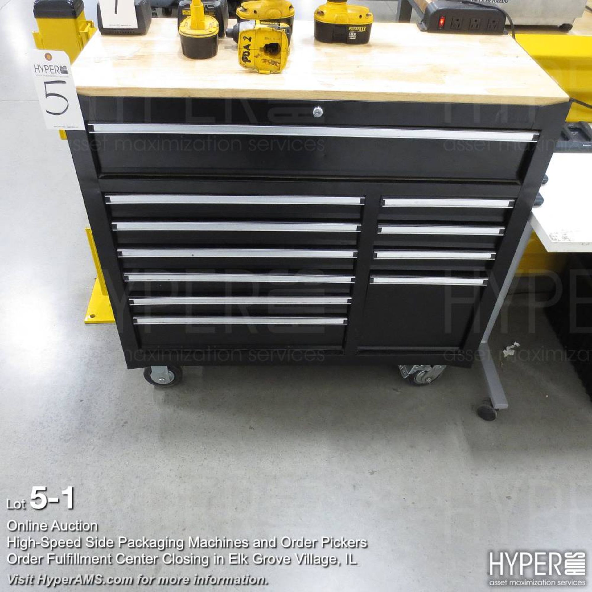 U Line wood top roll around tool box, contents