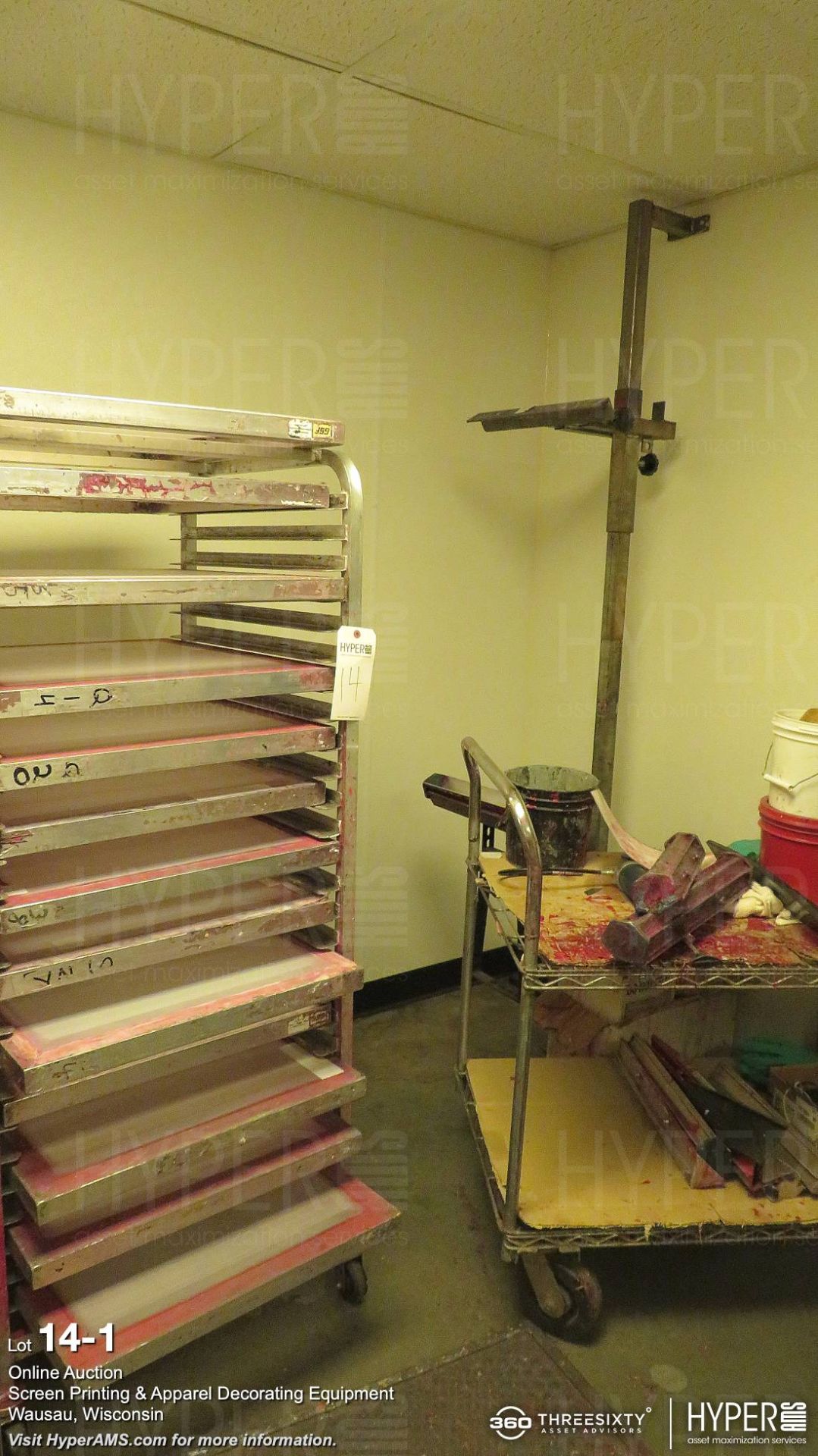 5 1/2ft Aluminum rack w screens, drying rack, cart and contents