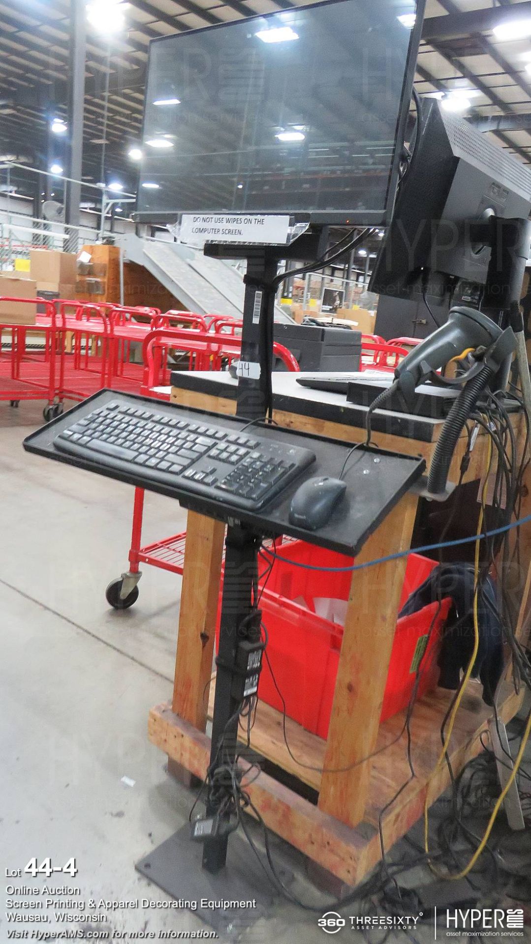 (3) floor pendent mount computer workstations w/monitors, keyboards, mouse, scanners - Image 4 of 8