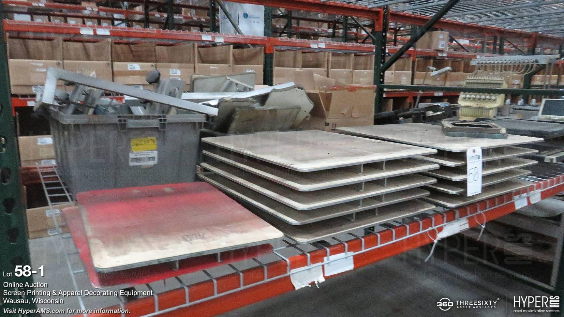 Assorted boards, pallets, parts for screen print/numbering machines