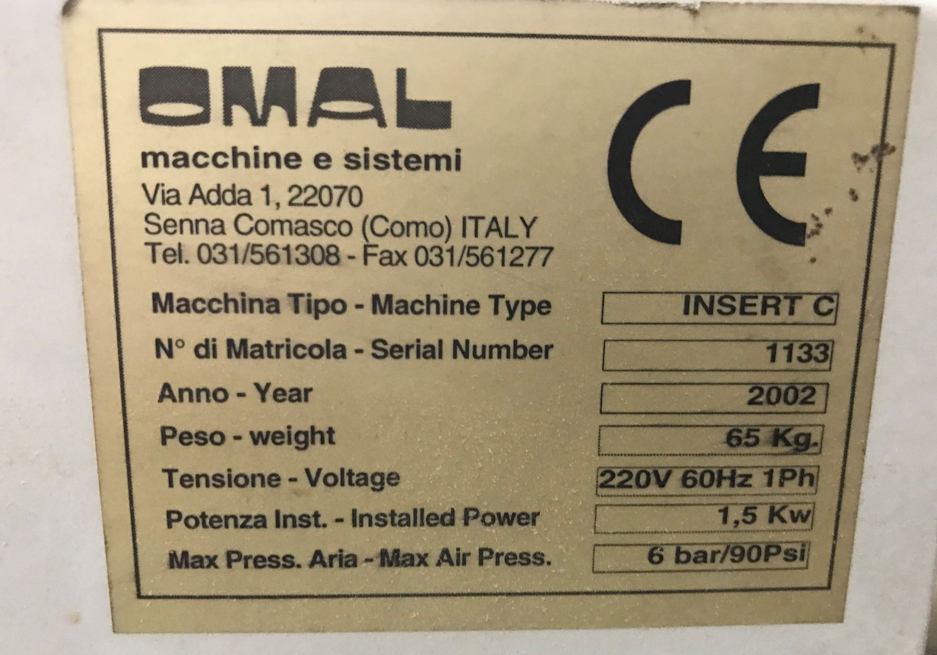 OMAL Type C Drilling & Hinge Inserting Machine – S/N 1133 (New 2002), Work Table, 1.5Kw Motor, 220/ - Image 5 of 6